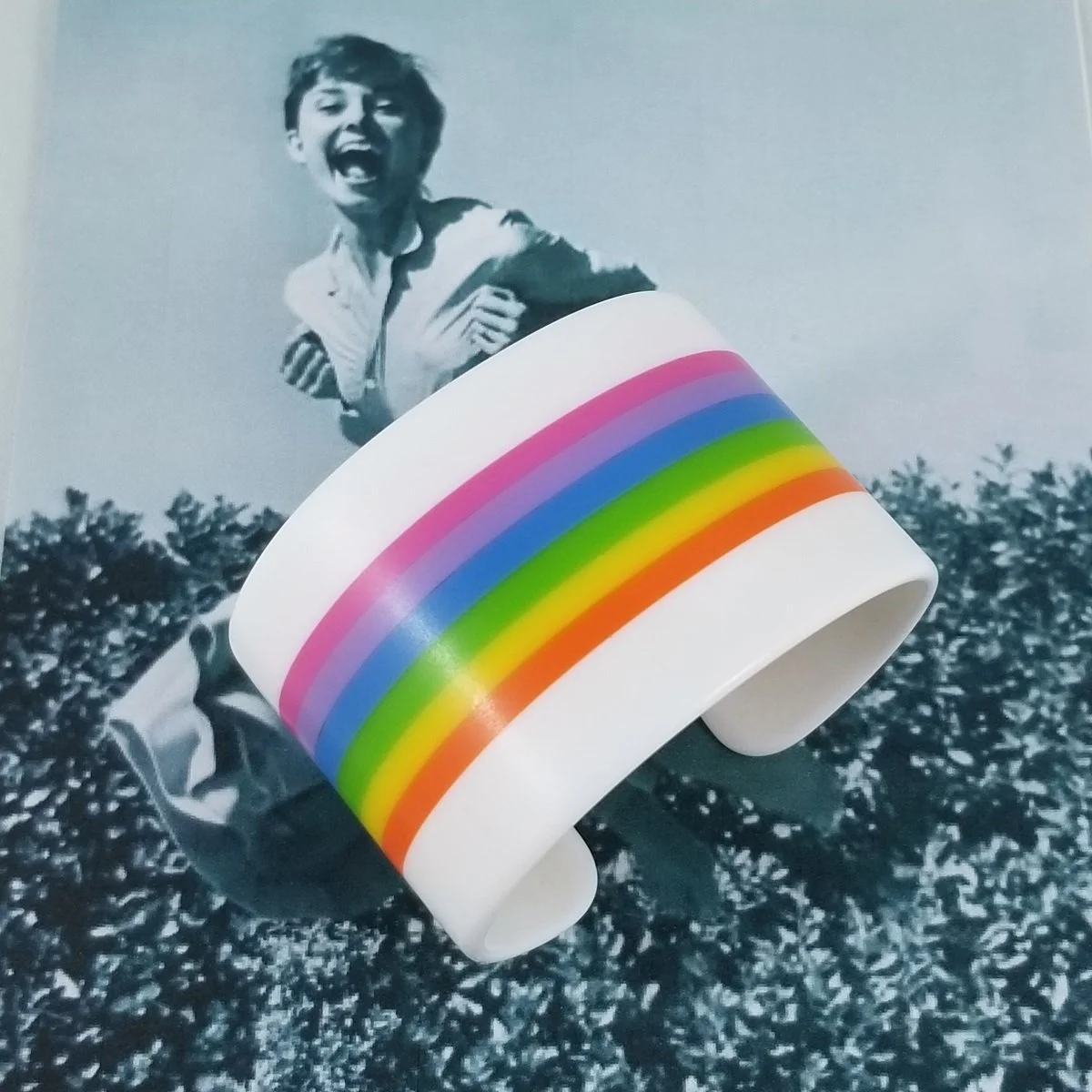 Space Age 1960's Petite High-Gauge Rainbow Matte Laminated Lucite Cuff Bracelet -5.jpg