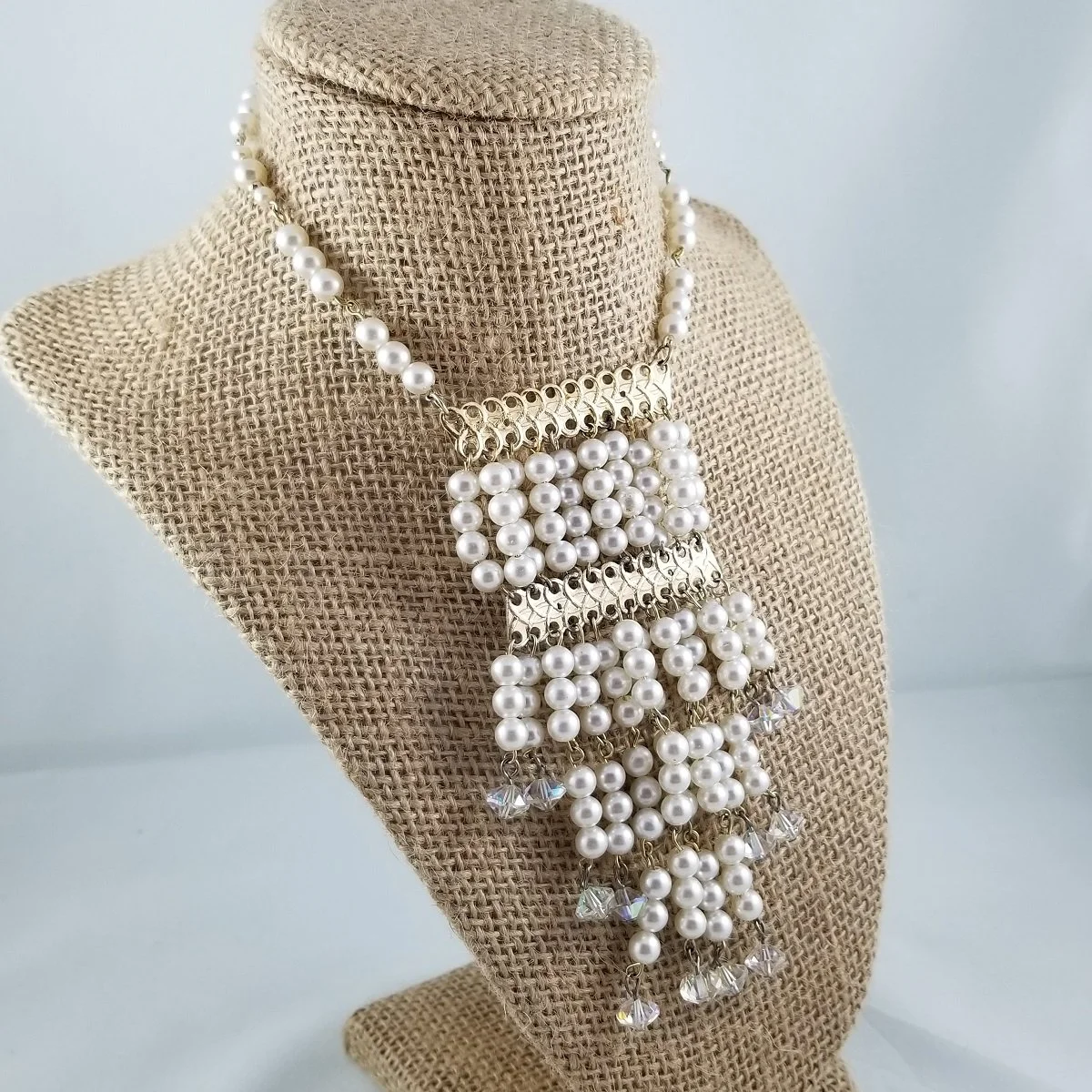 Hollywood Regency Bib Festoon Swarovski AB Pearl Waterfall Necklace