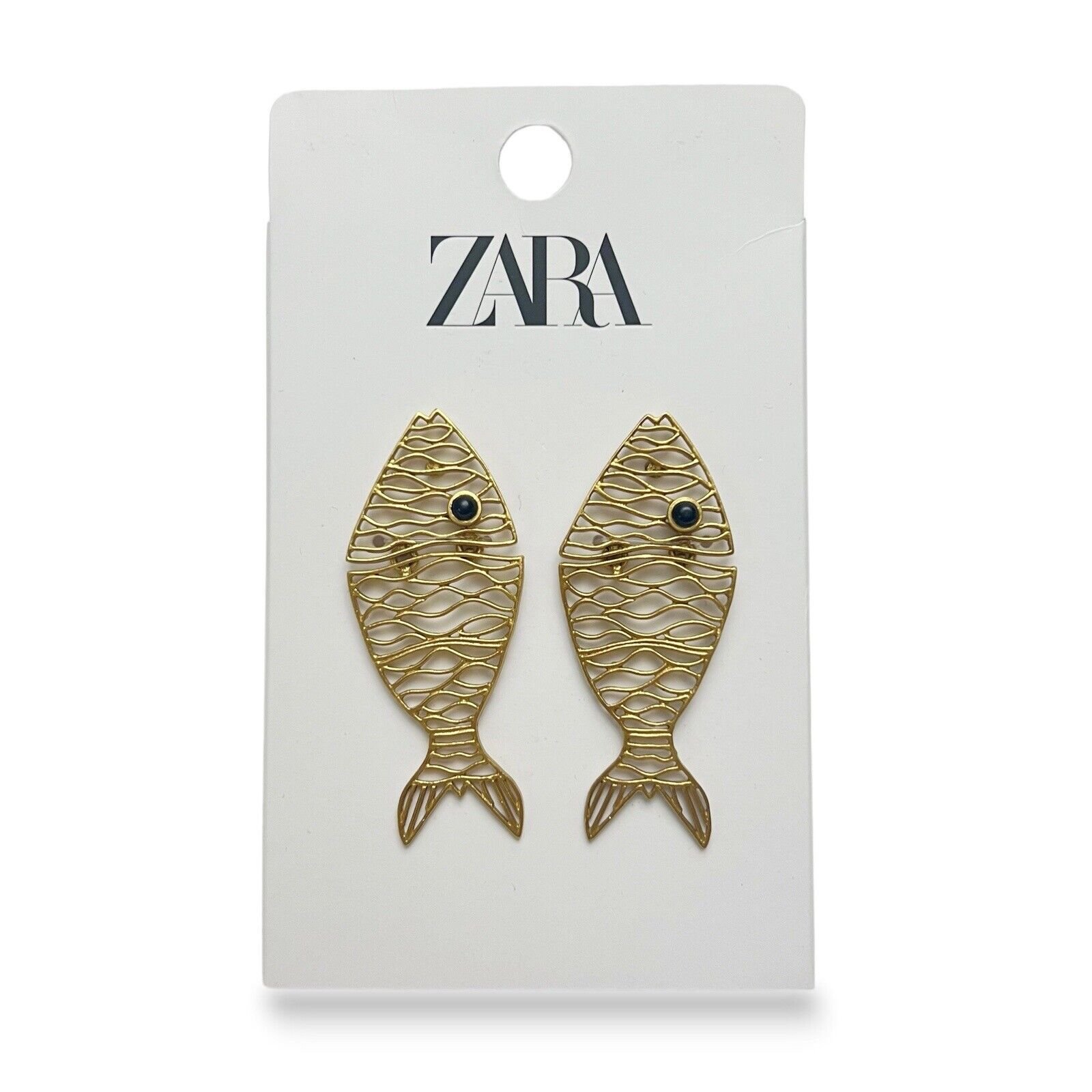 ZARA Goldtone Oversized Articulated Fish Shaped Pierced Stud Earrings New Packaged Design 1124-011-303