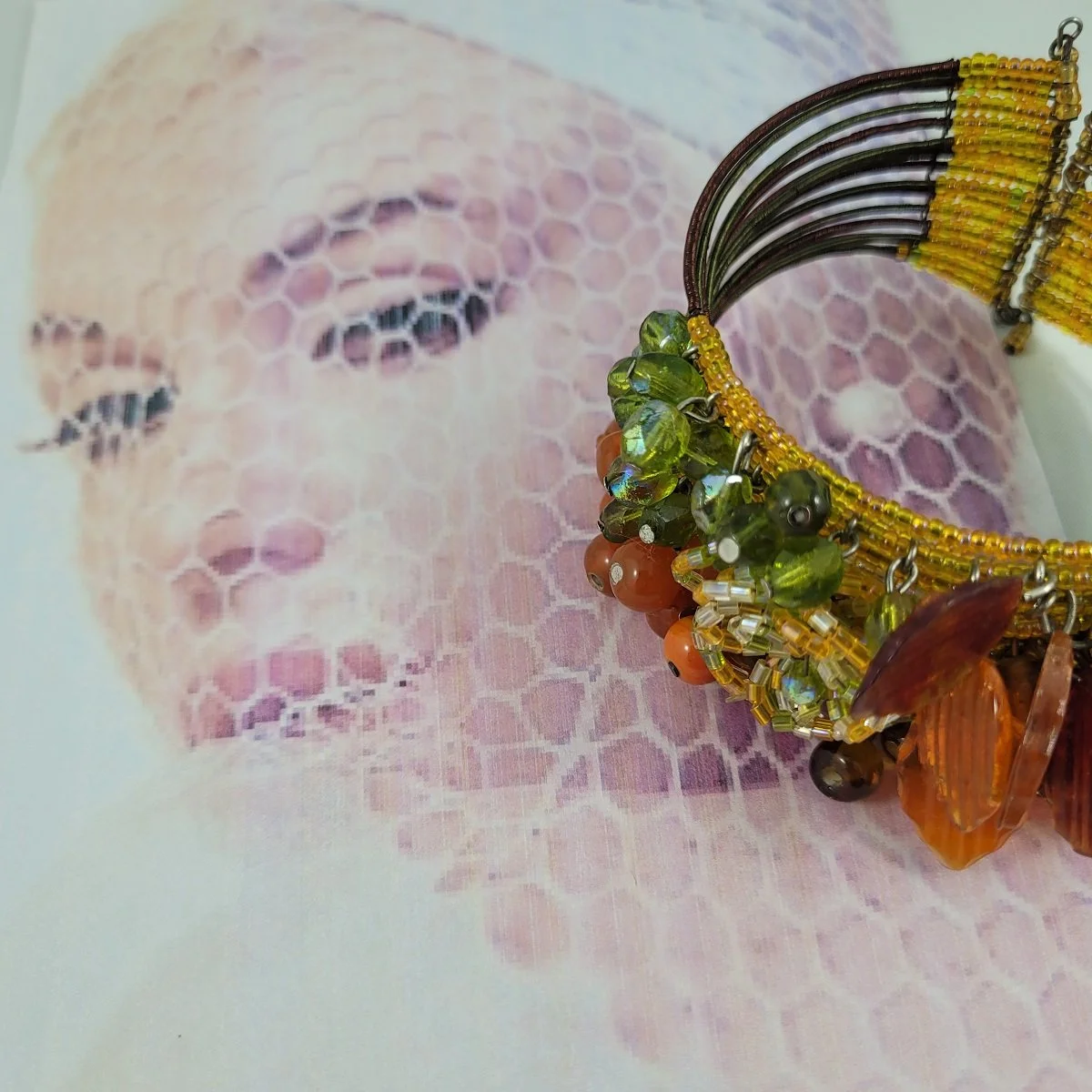 Haskell Hess Inspired Multi Strand Memory Wire Autumn Theme Glass Bead Cluster Leaf Drops Open Cuff Wrap Bracelet -9.jpg