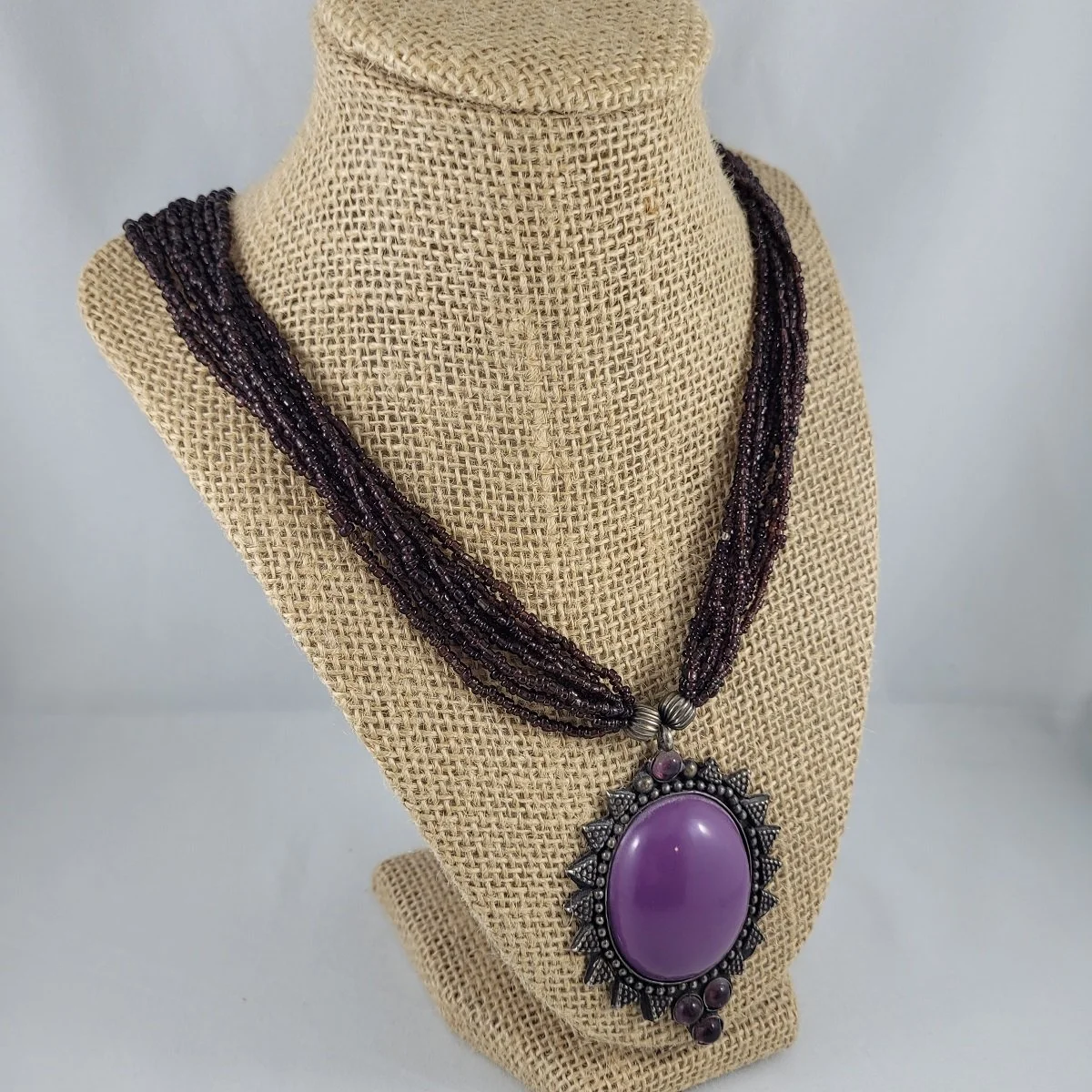 Gothic Victorian Sunburst Antiqued German Silver Oval Purple Plastic Domed Cabochon 3 Inch Fixed Pendant Multi-Strand Beaded Glass Torsade Princess Necklace -2.jpg