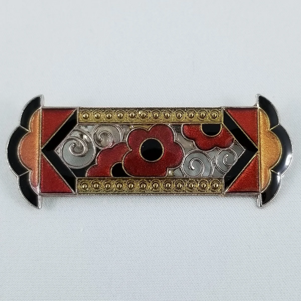 Pierre Bex 1980’s Art Deco “Stylized Poppy” Crimson and Black Enamel Bar Brooch.jpg