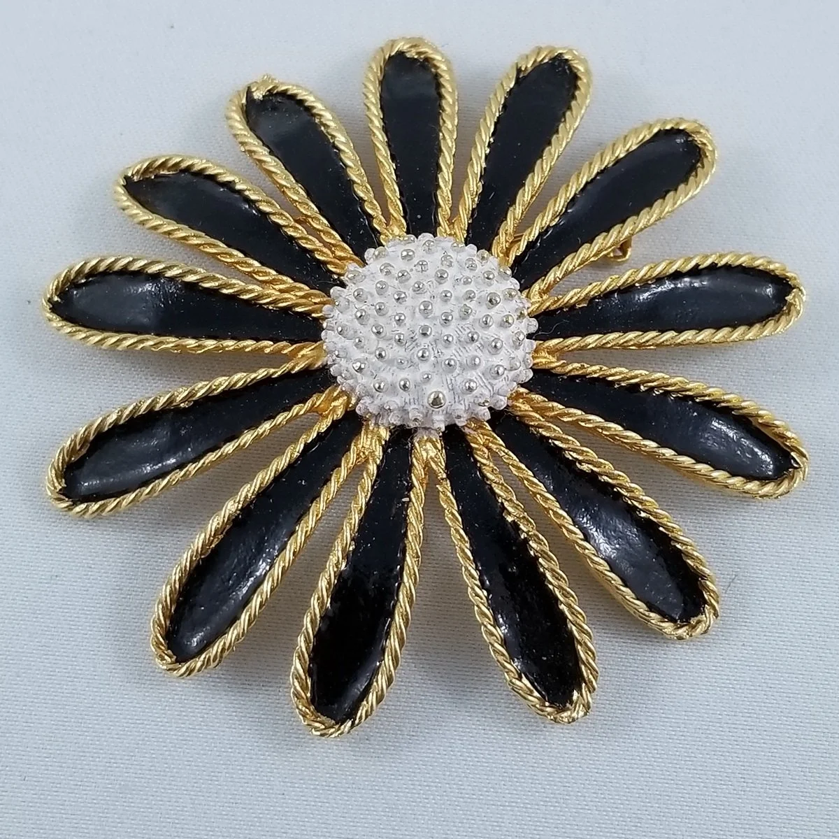 Coro 1950's Black White Enamel Daisy Flower Gold Brooch