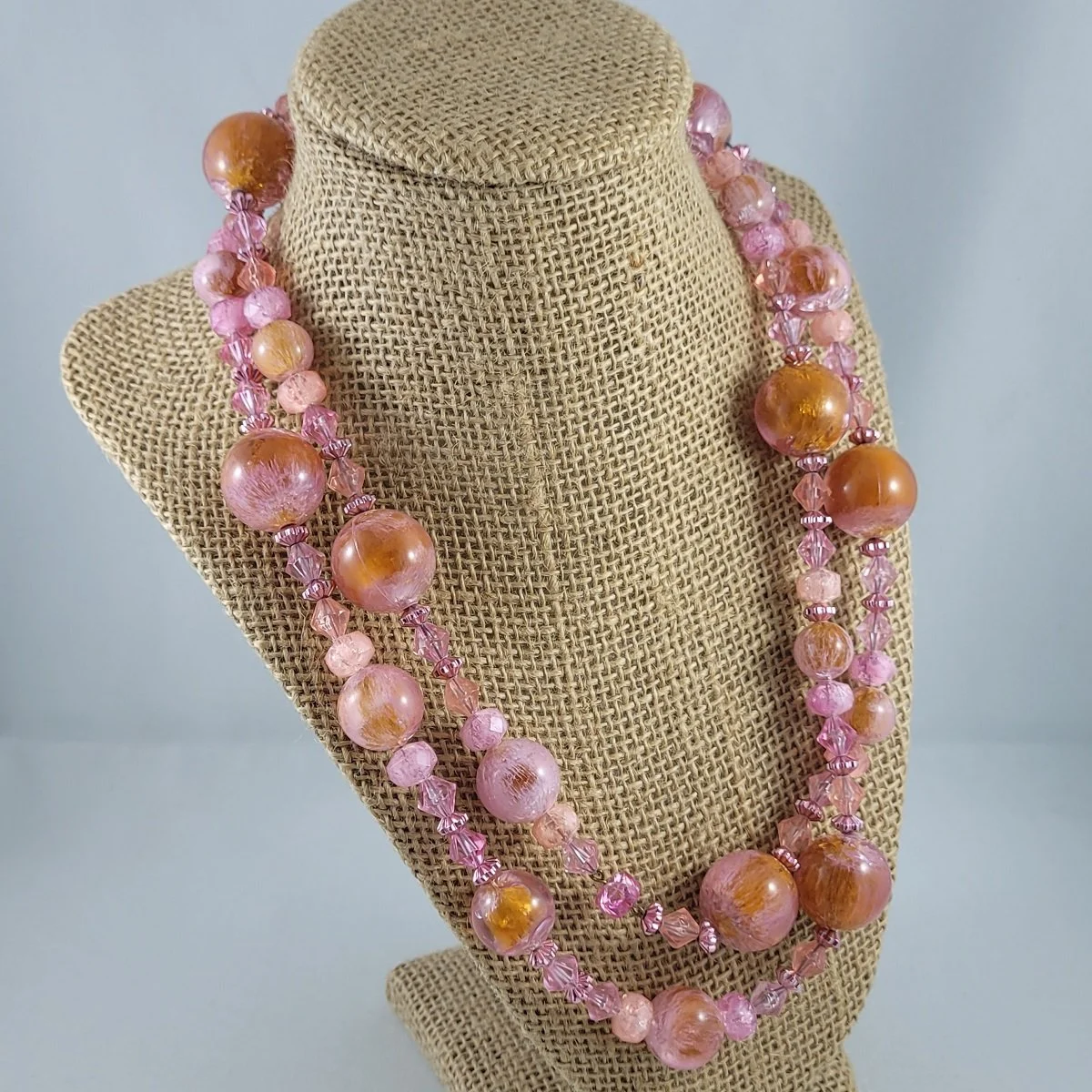Louis Rousselet Attributed 1960's Marbled Pink Tangerine Swirl 'Art Glass' Resin 41 Inch Rope Necklace -2.jpg