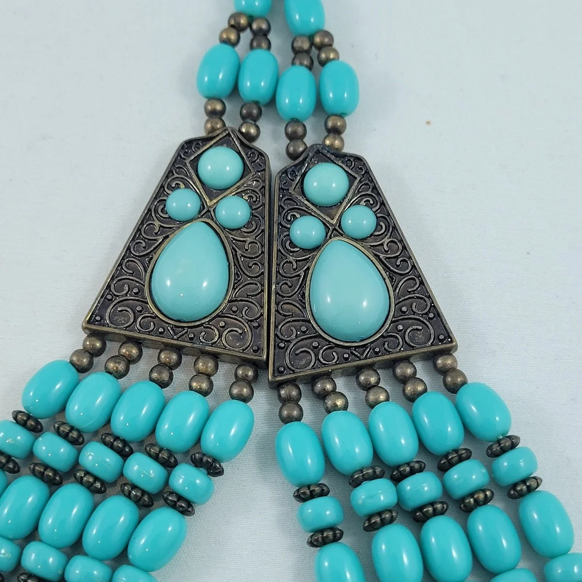 Antiqued Brass Turquoise Five-Strand Waterfall Filigree Bib Necklace.jpg