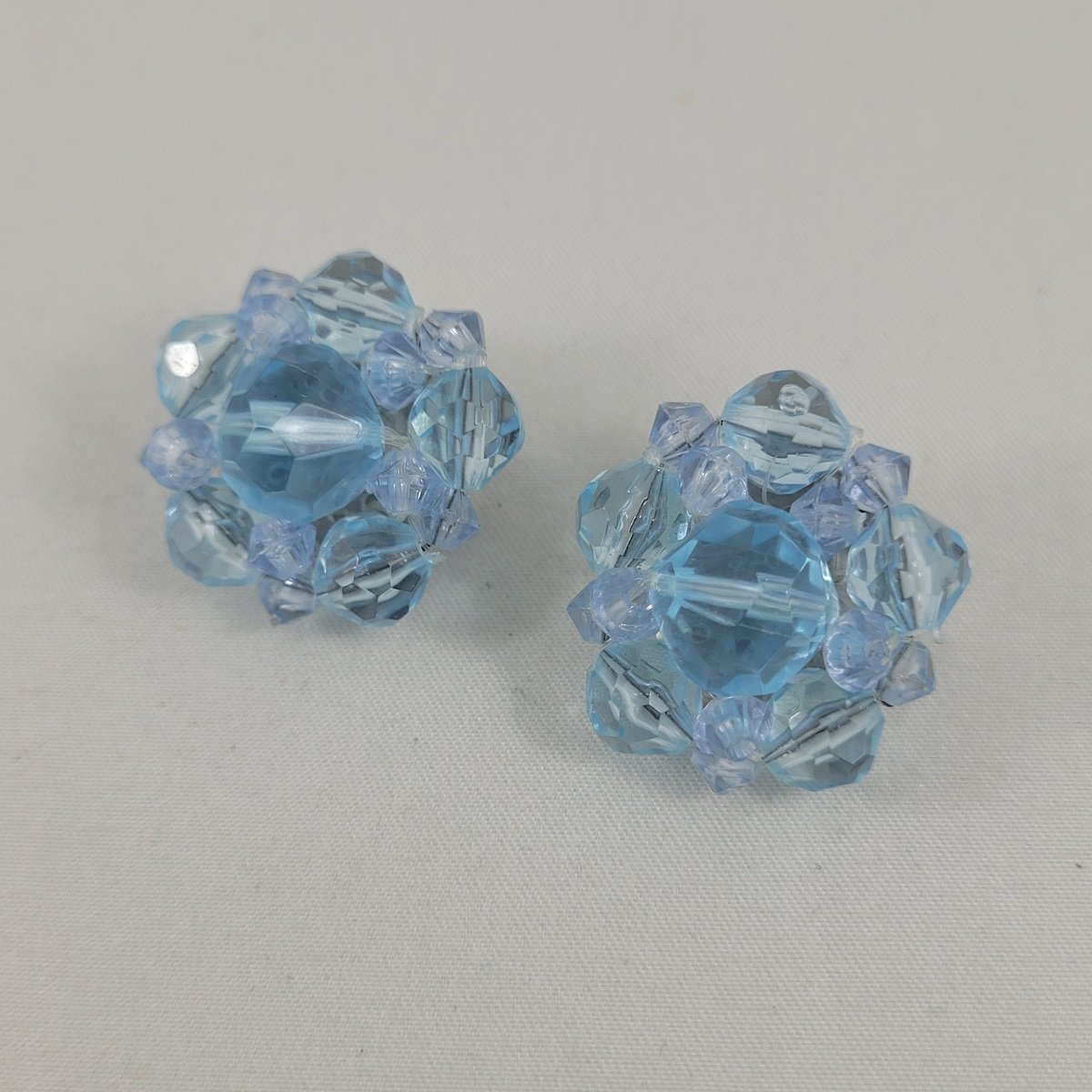 West Germany 1950's Soft Blue Translucent Plastic Bead Cluster Wired 1 Inch Aluminum Clip-on Earrings