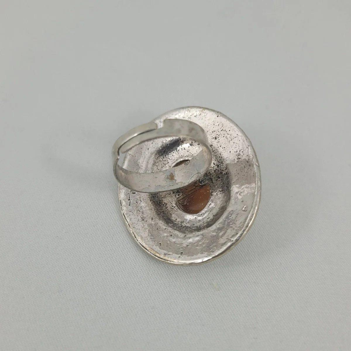 Native American or Aztec Style 1.5 Inch Oval Carnelian Gemstone Cabochon Open Back Adjustable Silver Plate Brass Ring Backside