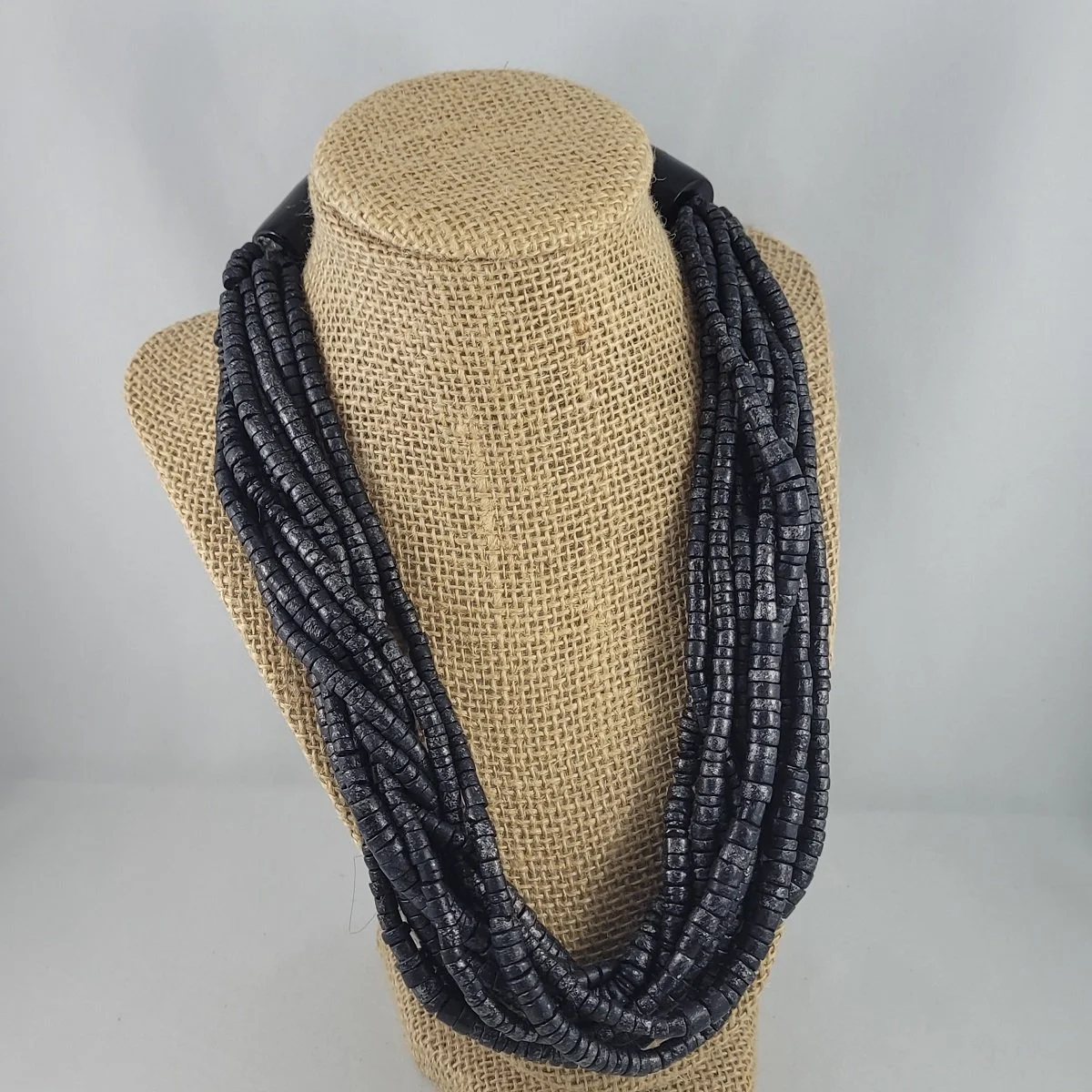 Gerda Lynggaard Monies Denmark Avant-Garde Carved Horn Midnight Navy Metallic Coconut Bead Multi-Strand Torsade Matinee Necklace.jpg