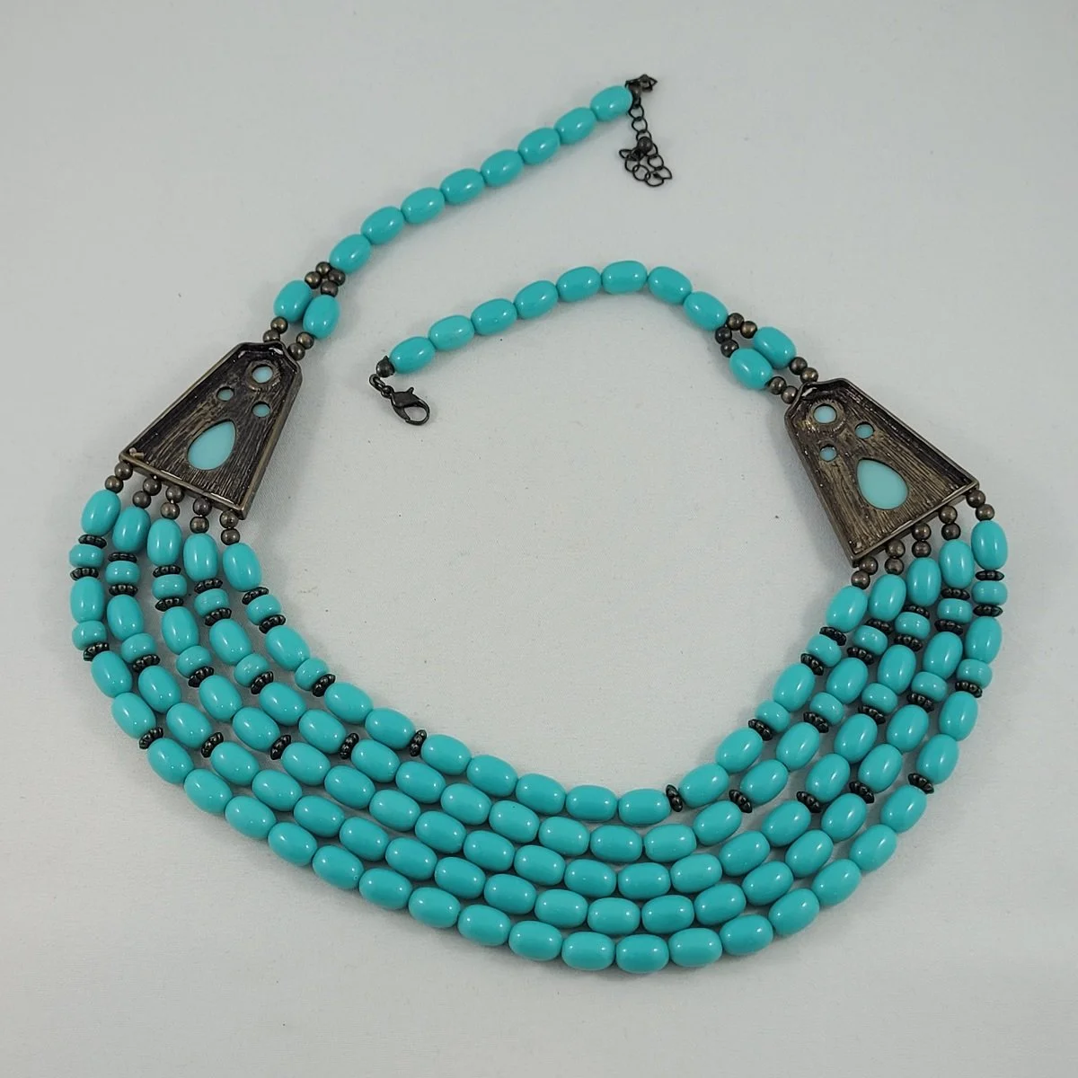 Turquoise Plastic Oval Bead Teardrop Cabochon Multi-Strand Bib Necklace Backside (Copy)