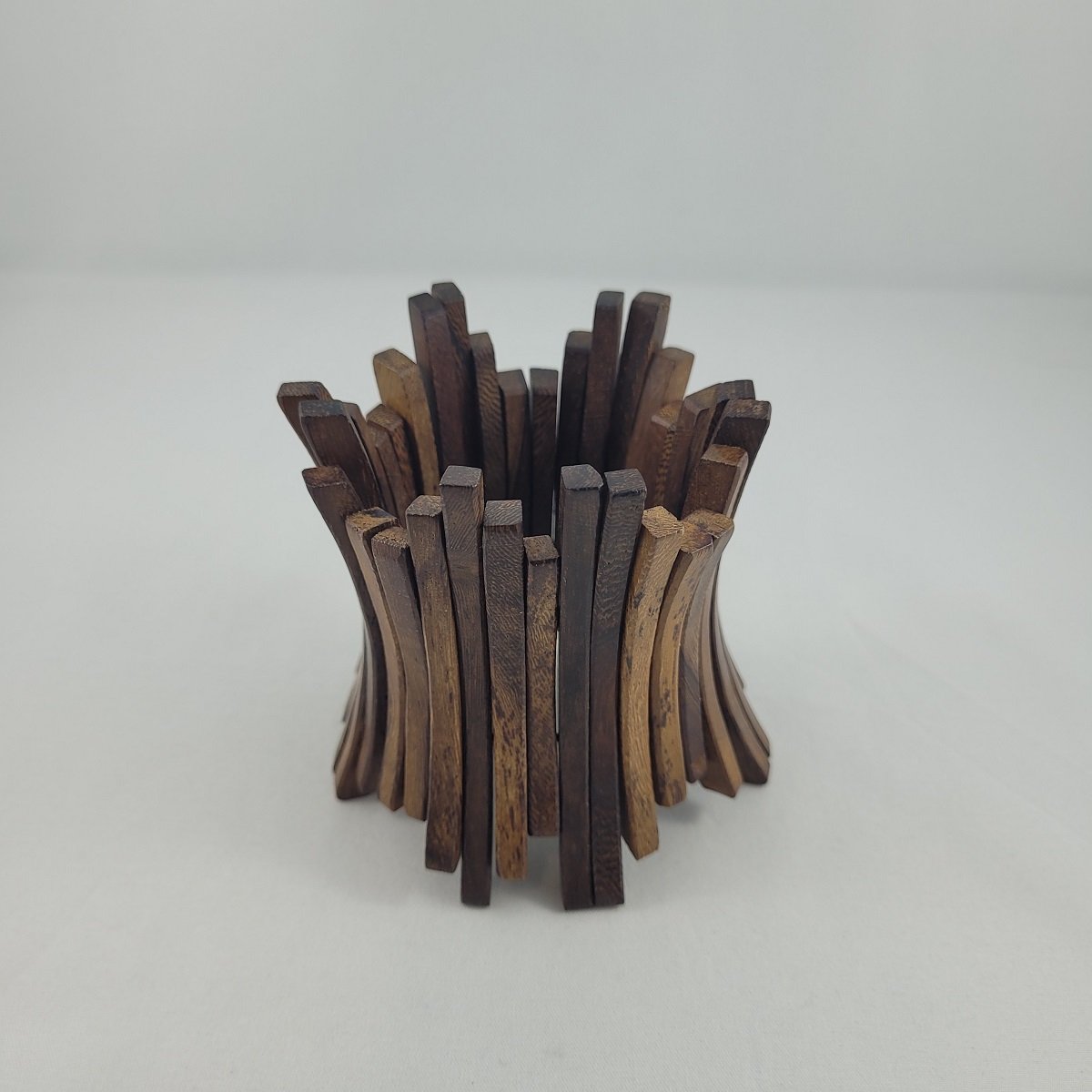 Avant-Garde Curved Natural Wood Vertical Panel Stretch Elasticized Wide Bracelet