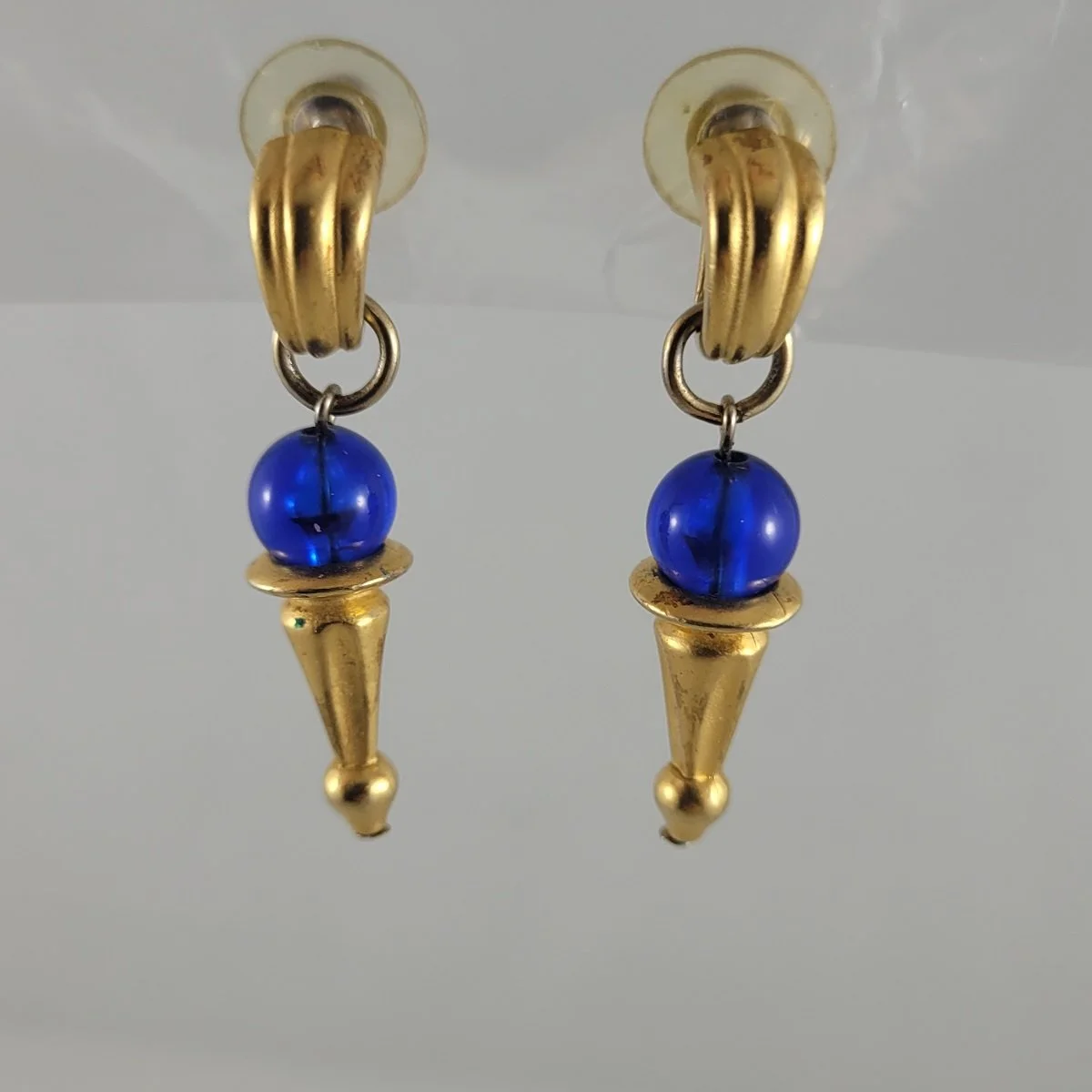 1990's Matte Satin Gold Cobalt Blue Round Bead Hoop Spike Drop 2 Inch Pierced Earrings -1.jpg