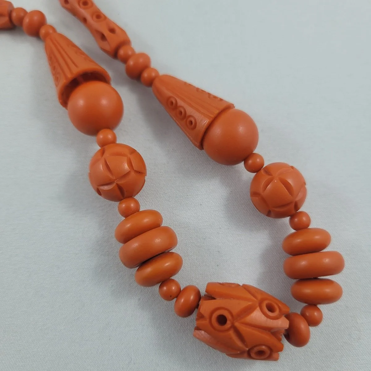 Galalith Casein French Bakelite Art Deco Coral Colour Hand Carved Beaded Choker Necklace Hidden Barrel Clasp -2.jpg (Copy)