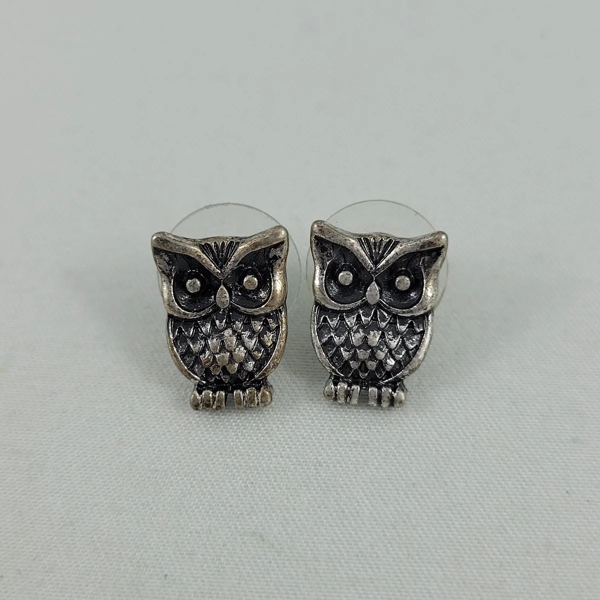 Antiqued Rustic Silver-tone Owl 14mm Pierced Earrings