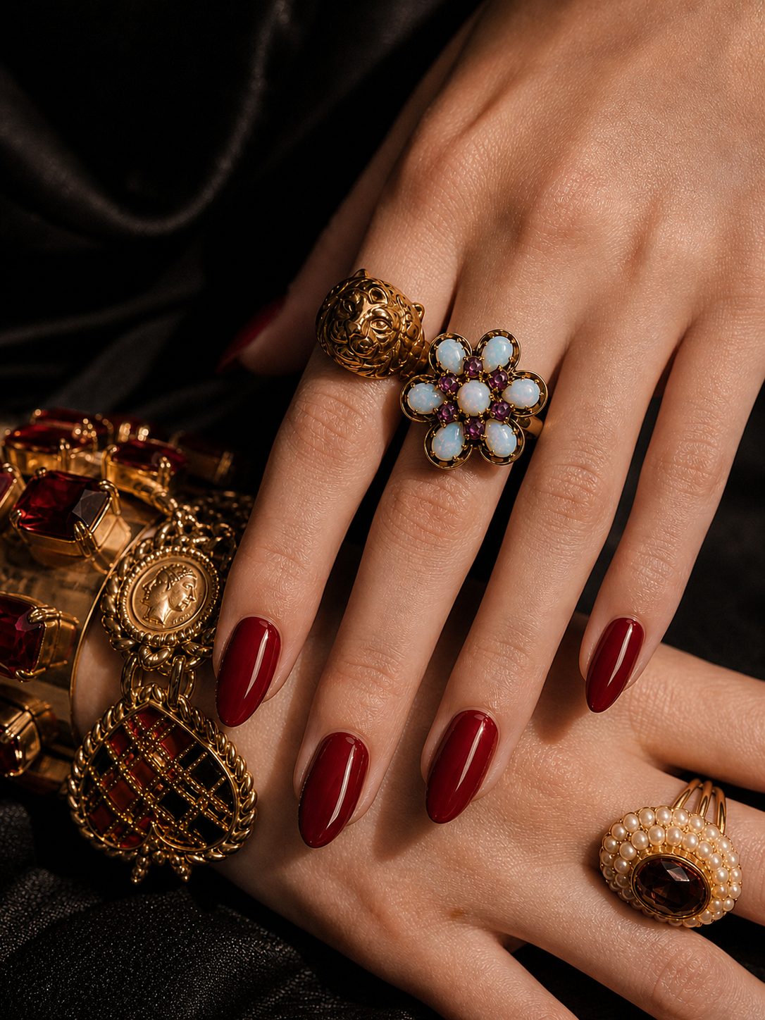 Thai Princess Harem Solid 10K Gold Australian Fire Opal & Ruby Ring Size 7 - Model.png
