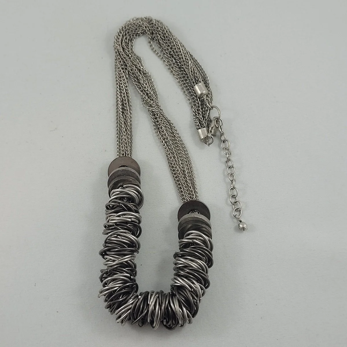 Steampunk Multi-Strand Duo-tone Silver-tone Curb Chain Flat Washers and Hoops 23.5 Inch Adjustable Matinee Necklace Top View