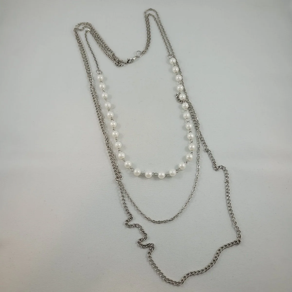 Triple Strand Silver-tone Cable Chain Faux Pearl Bead 28 Inch Necklace