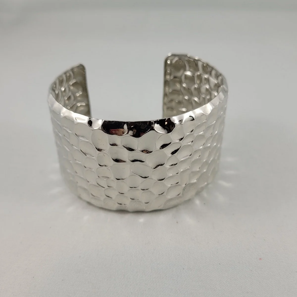 Brutalist Pebbled Cobblestone Croc Skin Pattern Hammered Polished Silver-tone 1.75 Wide Open Cuff Bracelet.jpg