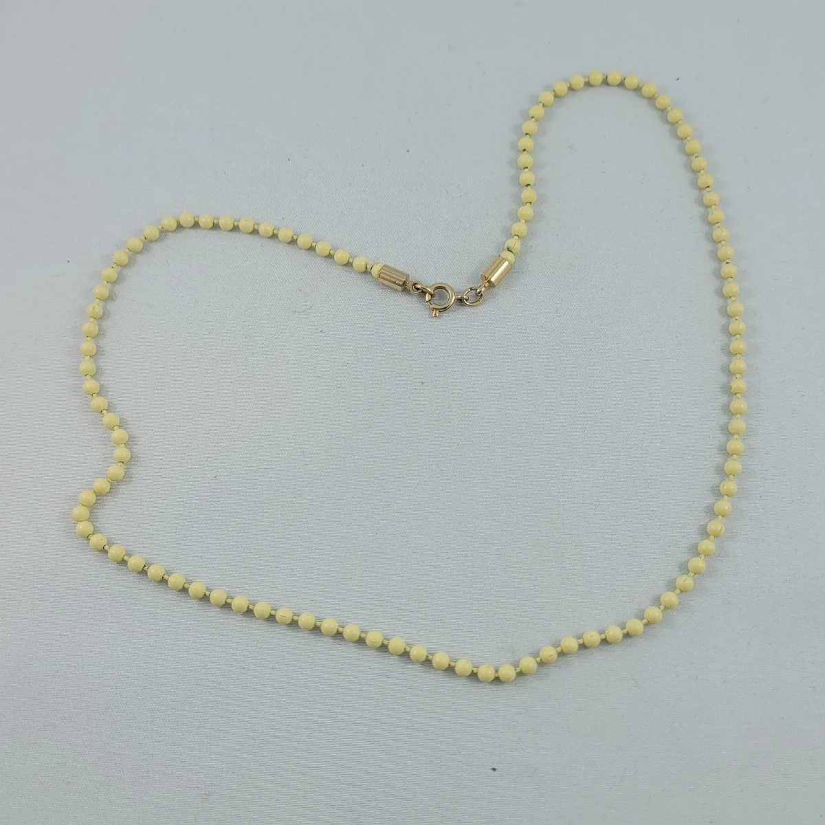 1930's Powdered Pastel Yellow Enameled Brass Ball Chain 19 Inch Necklace.jpg