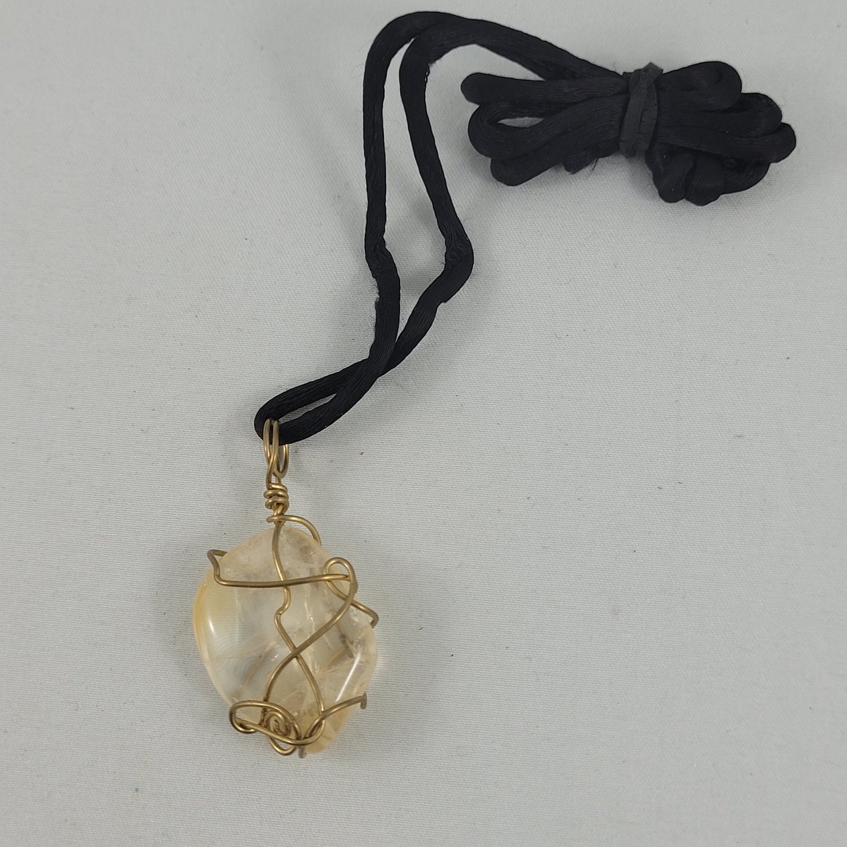 Brass Wire Wrapped Polished Genuine Quartz Stone 1.75 Inch Pendant Satin Black Corded Necklace