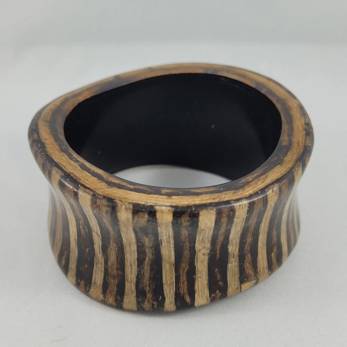 Gerda Lynggaard Monies Denmark Geometric Wave Coco Line Striped Palmwood Resin Freeform Asymmetrical Bangle Bracelet -2.jpg