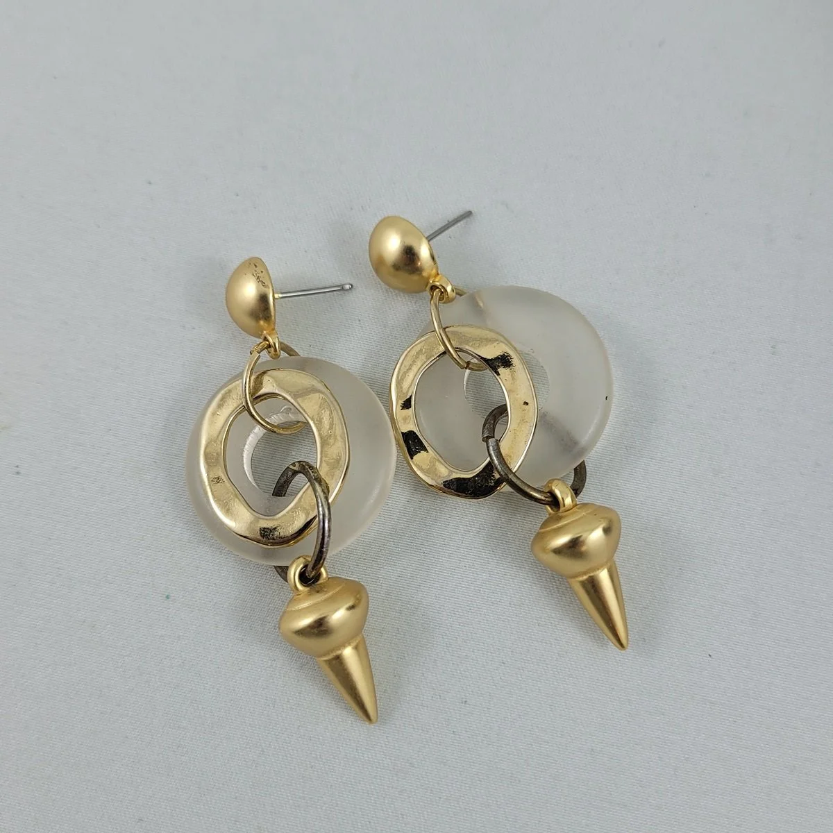1990's Satin Matte Gold Frosted Plastic O's Spike Drop 2.5 Inch Dangle Pierced Earrings.jpg