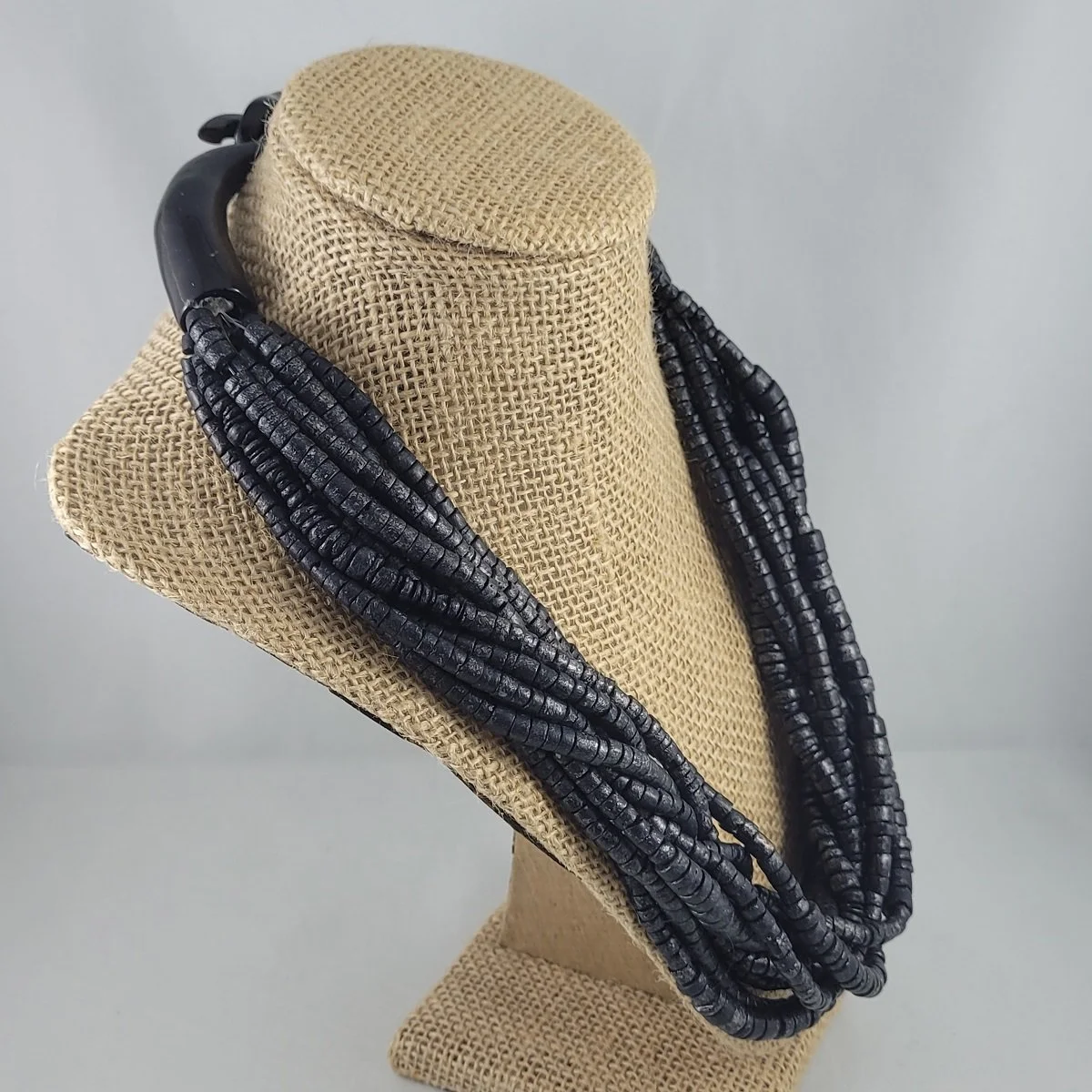Gerda Lynggaard Style Monies Copenhagen Simulated Carved Horn Shimmering Charcoal Coconut Bead 10 Strand Avant-Garde Torsade Necklace Right Side View