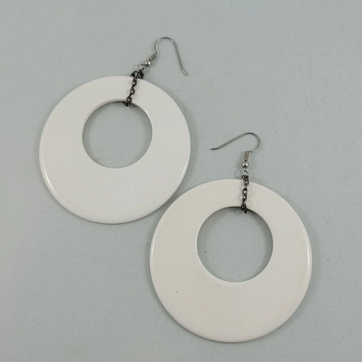1960's Mod Oversized White Lucite Plastic 2.625 Inch Flat Hoop Chain Drop 3.625 inch Dangle Pierced Earrings -1.jpg