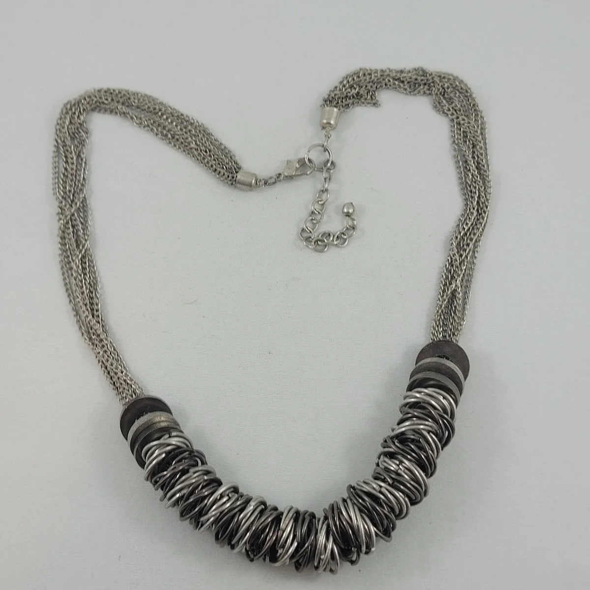 Steampunk Multi-Strand Duo-tone Silver-tone Curb Chain Flat Washers and Hoops 23.5 Inch Adjustable Matinee Necklace Front View