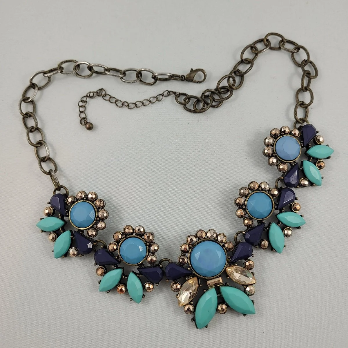 Rustic Silver Cable Chain Monochromatic Blue Faceted Cabochons Bronze-Gold Chaton Marquise Rhinestone Adjustable Princess Panel Necklace -1.jpg