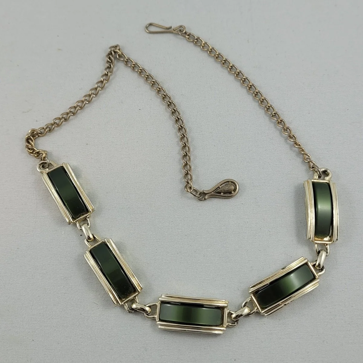 1950's Coro Style Inlaid Thermoset Olive Green Gold Panel Link Adjustable 18 Inch Choker Necklace.jpg