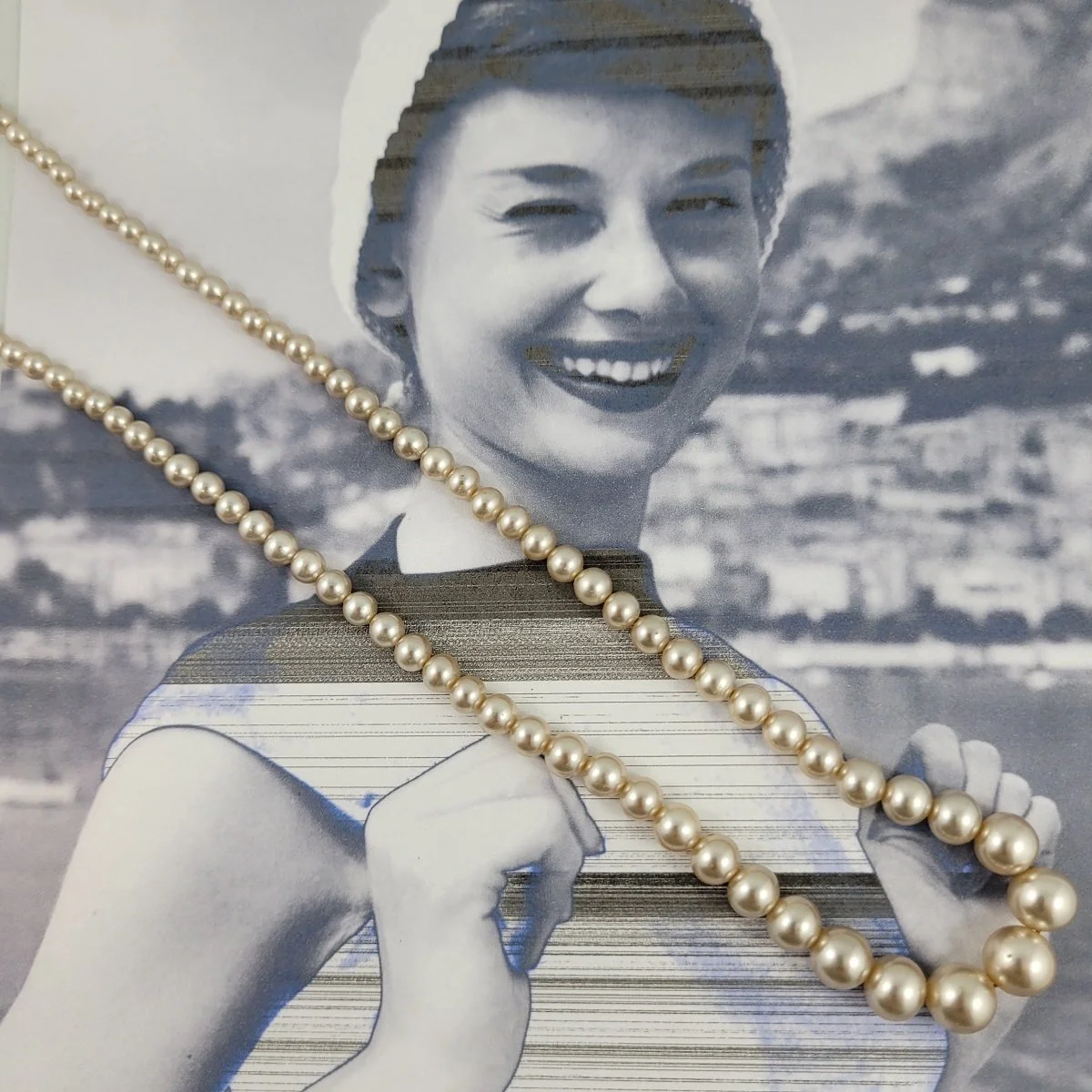 Simulated Luminescent Peach Lustre Pearl Bead 20 Inch Graduated Matinee Necklace -1.jpg
