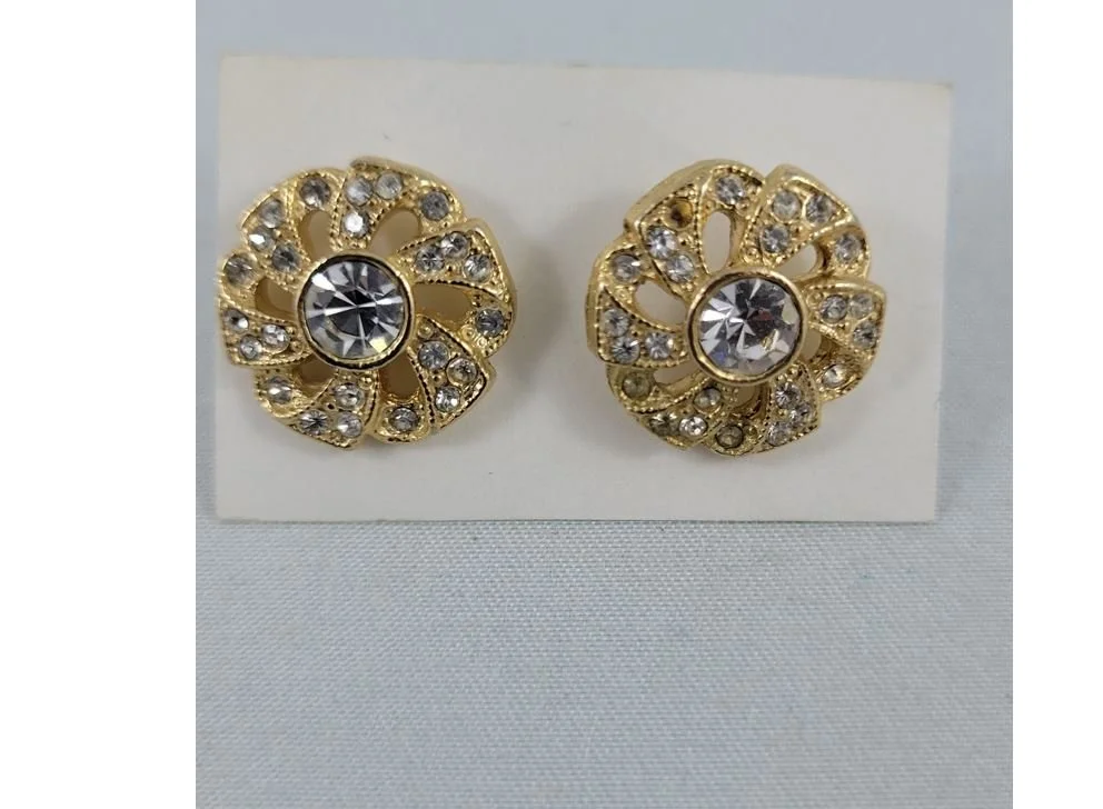 1960's Open Work Clear Crystal Pave Rhinestone Gold Pinwheel Flower .625 Inch Pierced Earrings