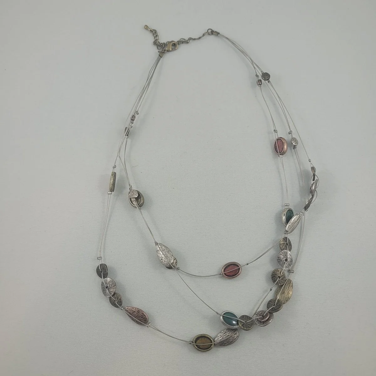 Triple Strand Silver Cable Wire Silver Copper Oval Enamel Textured Bead 20.5 Inch Matinee Necklace -1.jpg