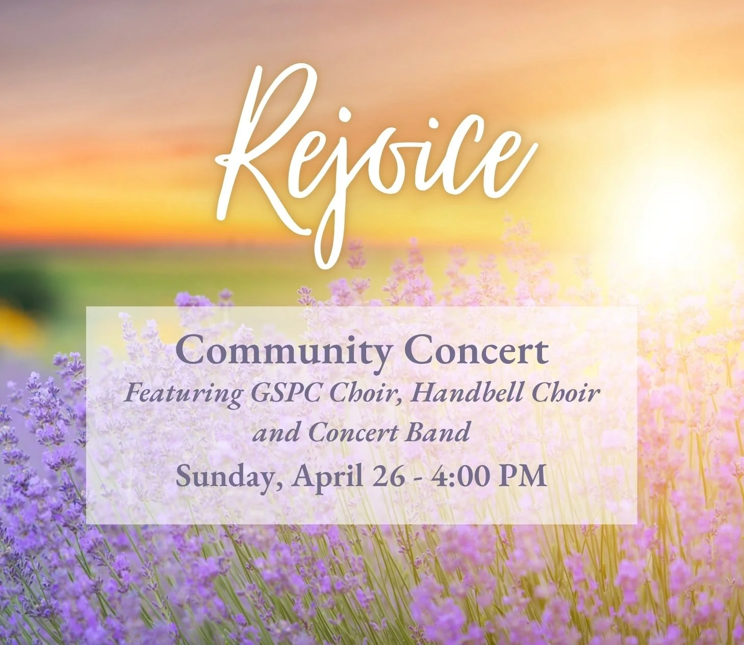 Sunrise sky over a meadow of purple flowers with the heading Rejoice.