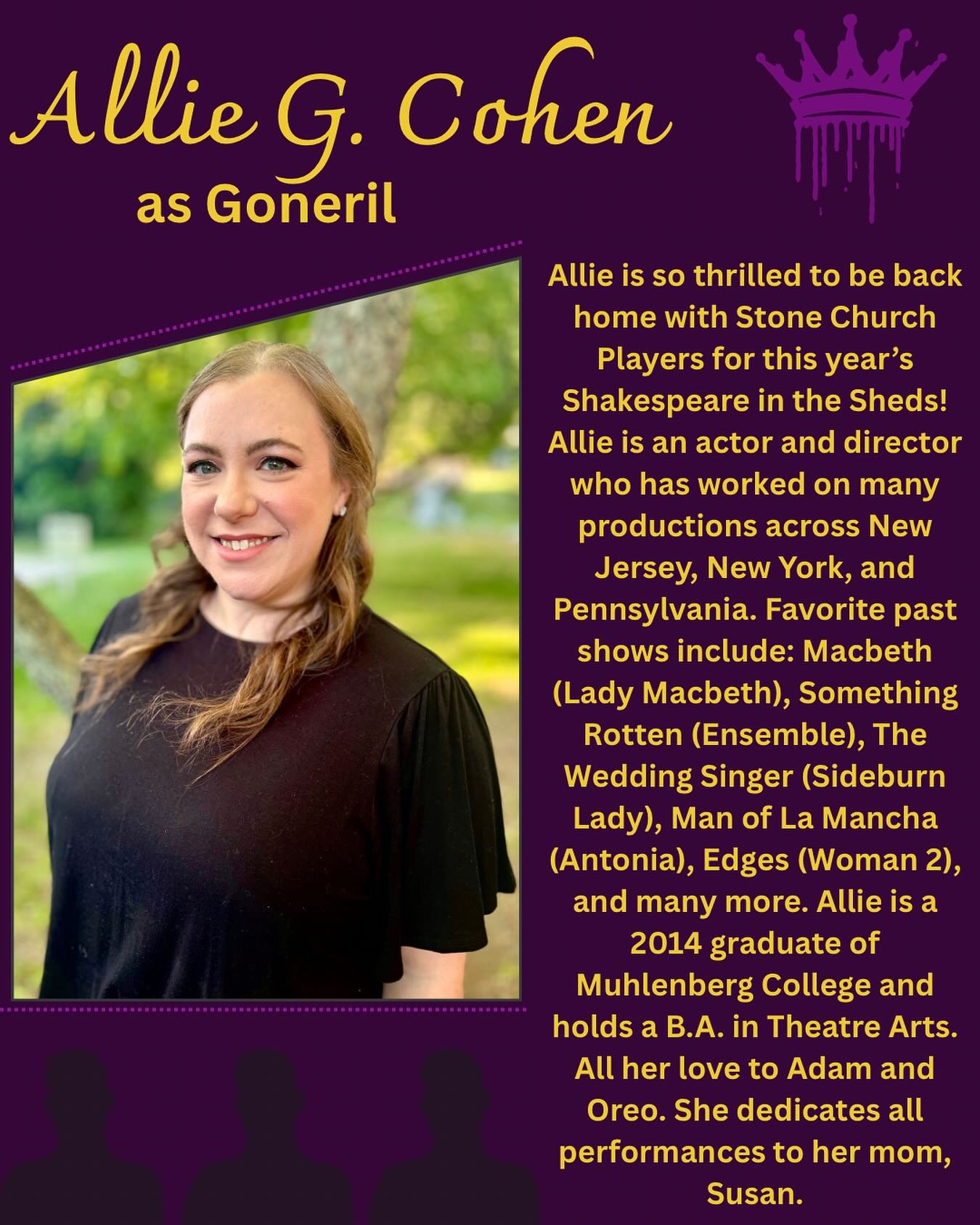 Meet the Cast of King of Lear!

Say hello to Allie G. Cohen who plays Goneril!

Allie is so thrilled to be back home with Stone Church Players for this year&rsquo;s Shakespeare in the Sheds! Allie is an actor and director who has worked on many produ