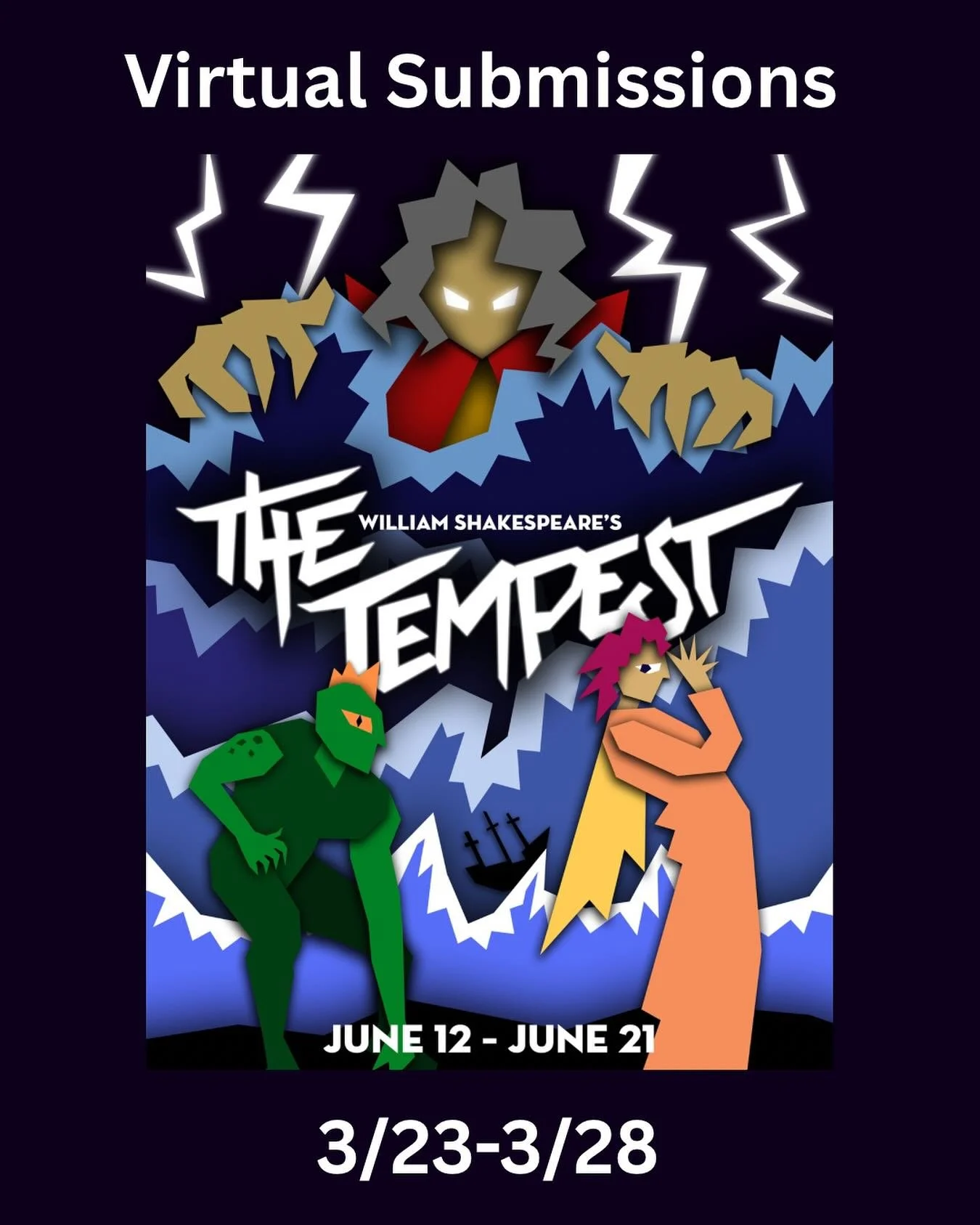 Ubable to join us this weekend? No need to stress as virtual submissions are now open for The Tempest! 

To submit, send your audition video (a monologue from a Shakespeare play), headshot &amp; resume, and any known conflicts for April - June to: 
A