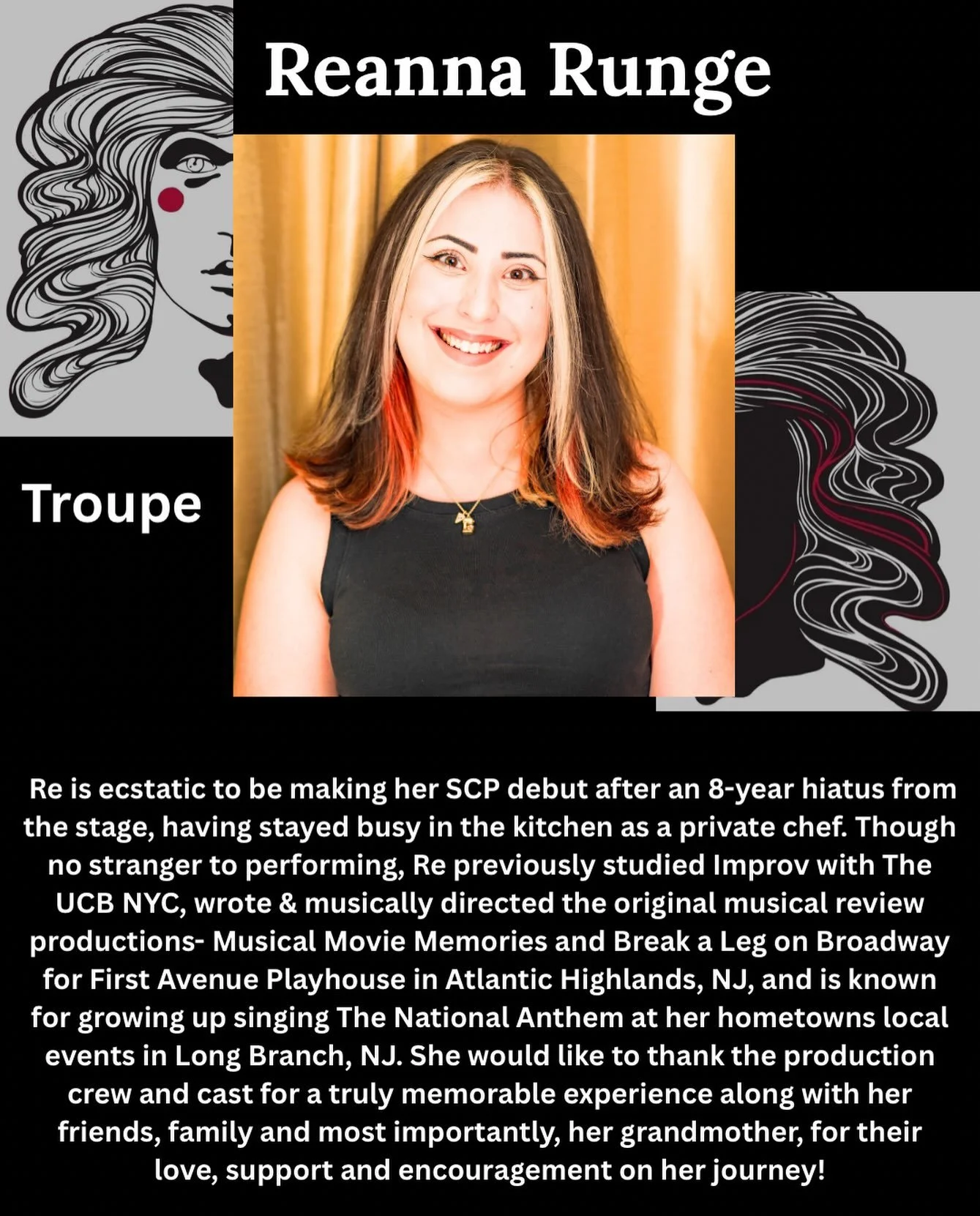 Say hello to the cast of Godspell! 

Meet Reanna Runge who is a member of the troupe!

 Re is ecstatic to be making her SCP debut after an 8-year hiatus from the stage, having stayed busy in the kitchen as a private chef. Though no stranger to perfor