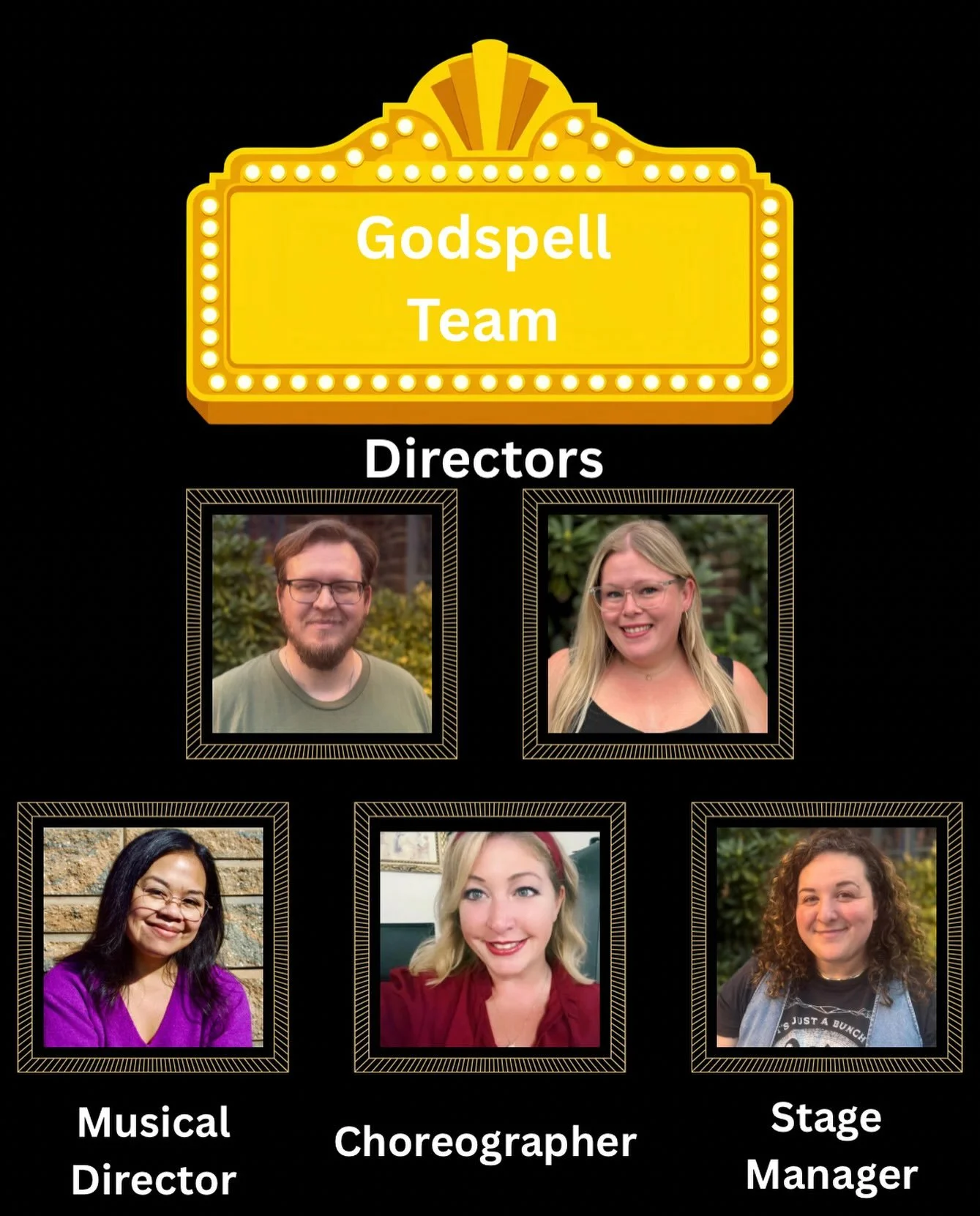 You&rsquo;ve met the cast, now meet our Godspell team! 

Directors: Aaron &lsquo;Juice&rsquo; Jackson &amp; Caitlin Martin 
Musical Director: Christynn Cardino Morris 
Choreographer: Loretta Boyle 
Stage Manager: Masha Jackson 

They couldn&rsquo;t b