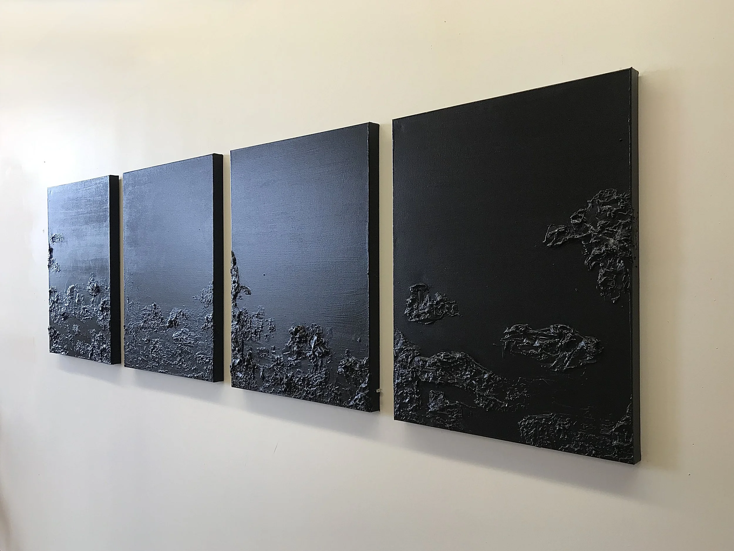 "Untitled" mixed media on four 24" x 36" canvases, created by Tamara Okun Valerine, 2021 | A four-panel black textured abstract wall art, created by Tamara Okun Valerine | 2020