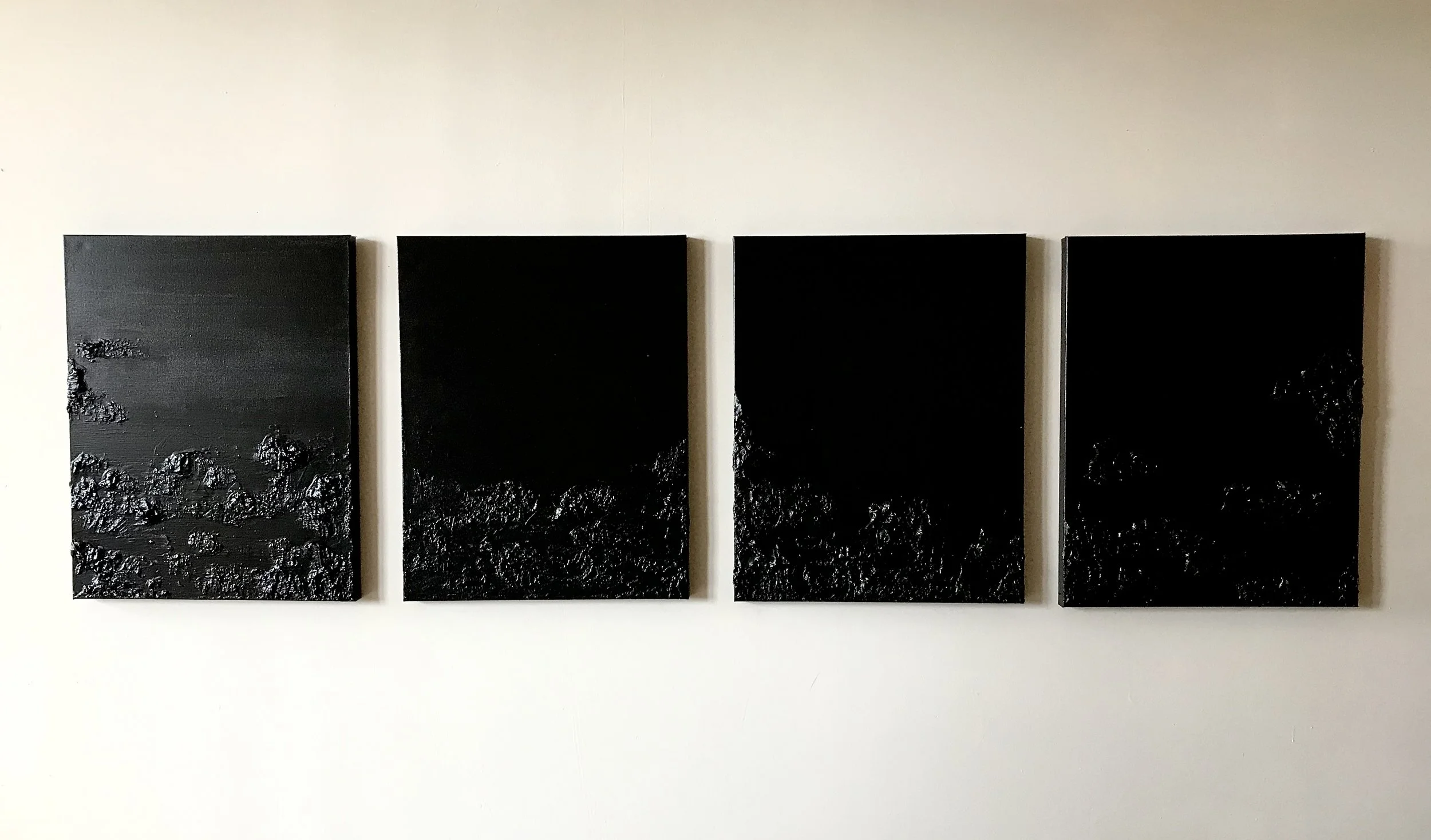 "Untitled" mixed media on four 24" x 36" canvases, created by Tamara Okun Valerine, 2021 | A four-panel black textured abstract wall art, created by Tamara Okun Valerine | 2020