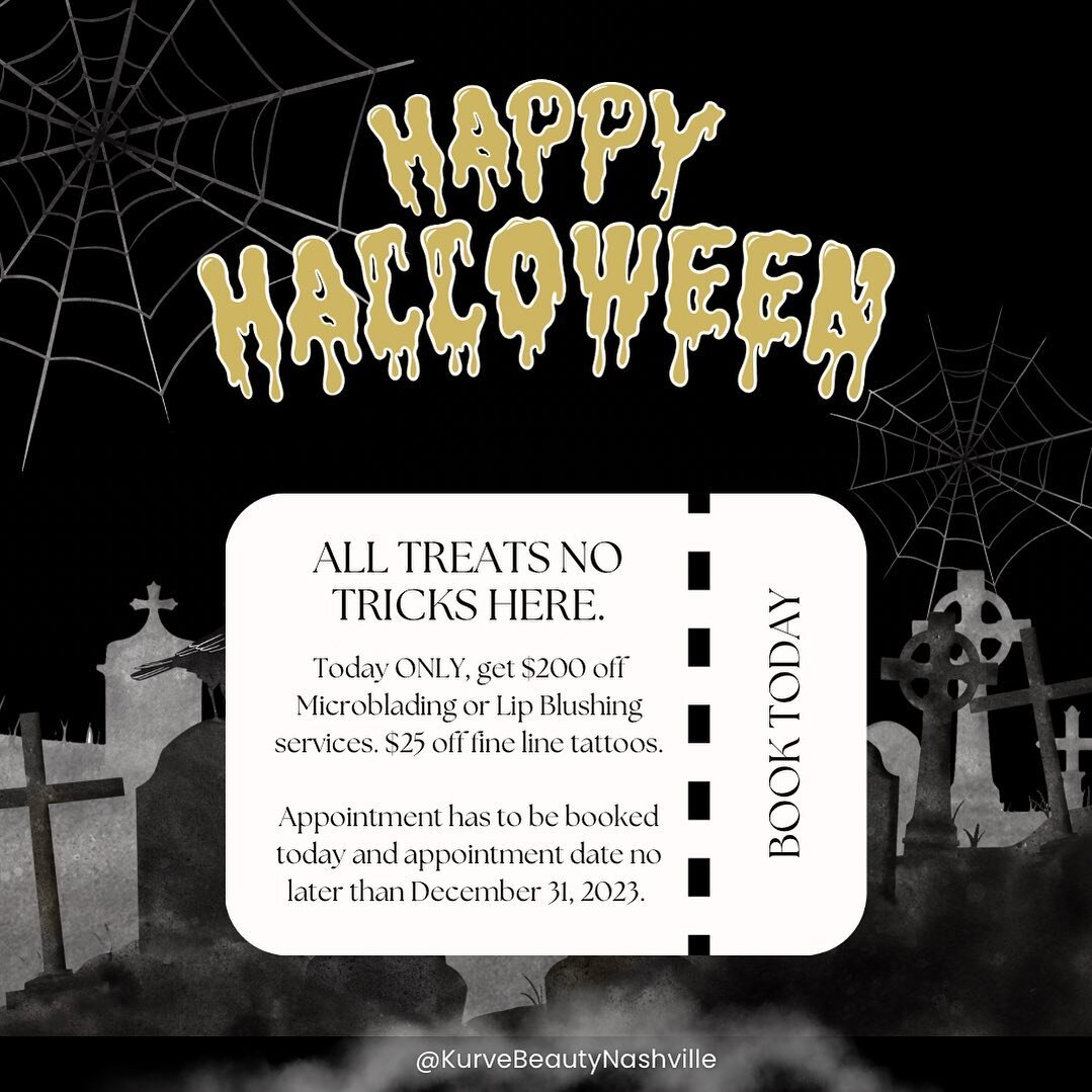 Only treats, no tricks here at Kurve!! 👻 Today ONLY, take advantage of our Halloween savings on our #permanetmakeup services and #finelinetattoos. 🤌 

✨DM to book. All inquiries will receive a response by end of day tomorrow.
.
.
.
#halloweensale #
