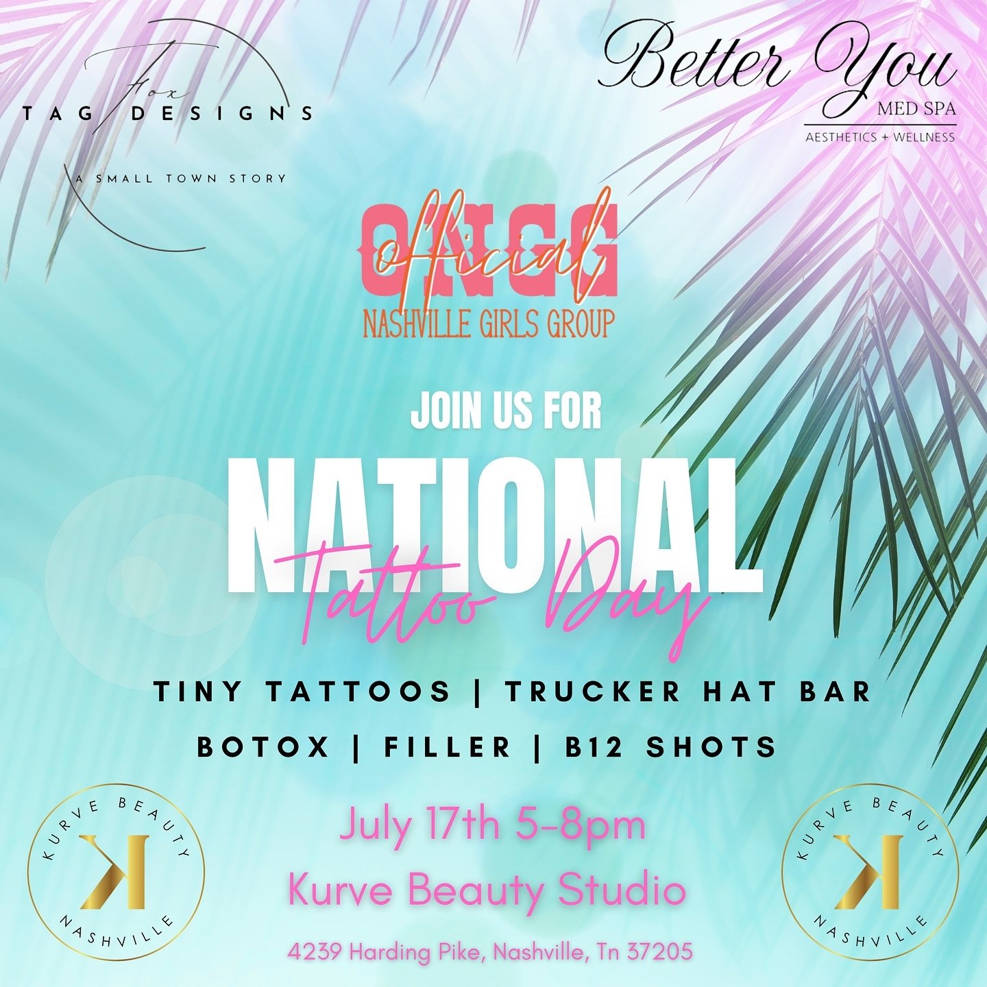 We are partnering with @officialnashvillegirlsgroup to bring you ✨National Tattoo Day✨ @kurvebeautynashville Come celebrate with us and our awesome friends @betteryoumedspa @foxtagdesigns 

With class and style we are slowly disrupting the stereotypi