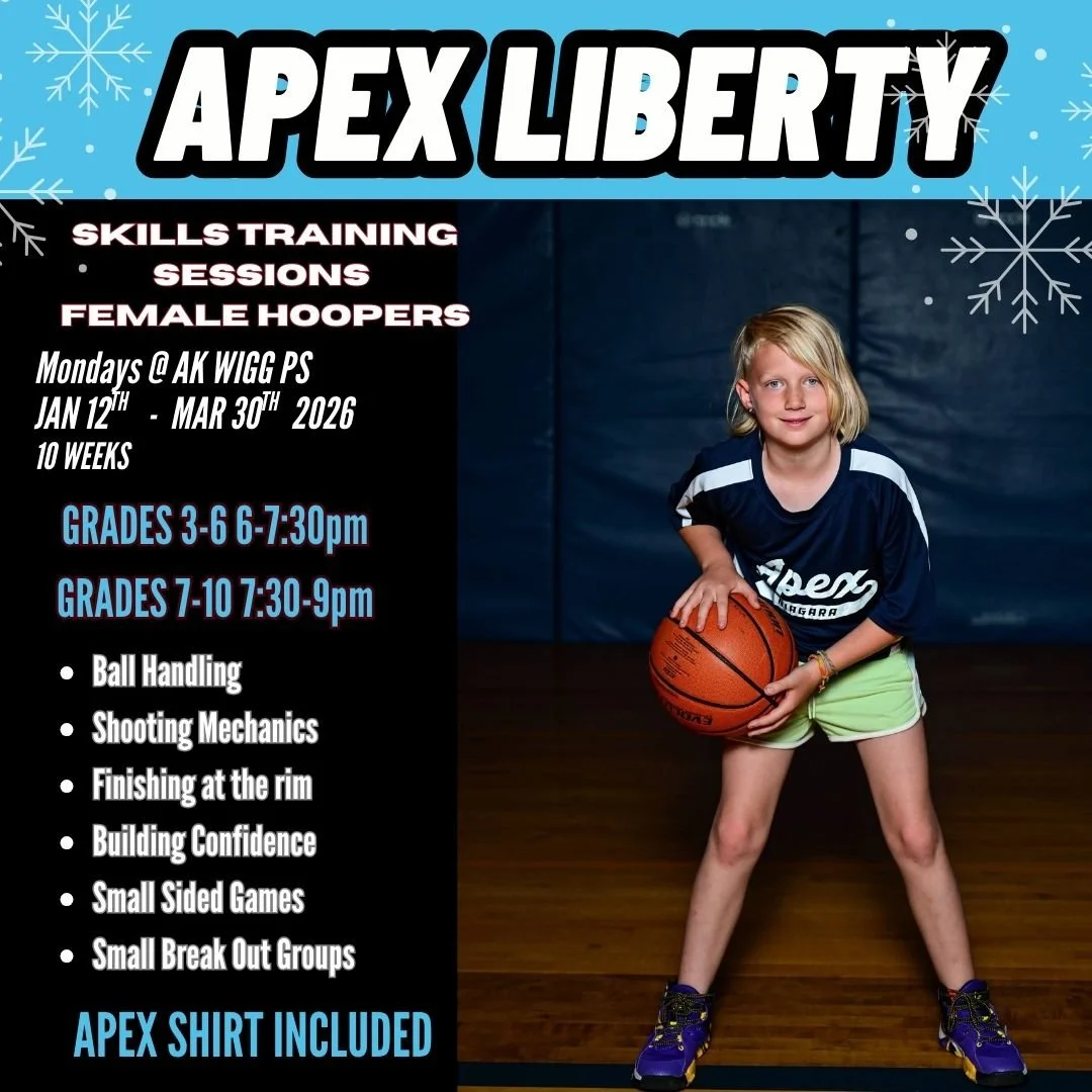Flyer for Apex Liberty Skills Training Sessions for female hoopers, held Mondays at AK Wigg PS from January 12th to March 30th, 2026. Programs for grades 3-6 from 6 to 7:30 pm and grades 7-10 from 7:30 to 9 pm. Includes basketball skills development, with a photo of a young girl holding a basketball on a gym court.