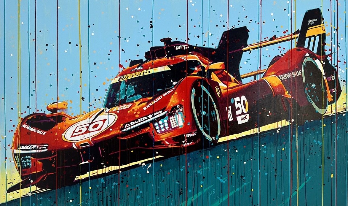 painting, popart, interior design, colourful acrylic painting, Allan Buch, buchpaintings, Classic supercar, ferrari, ferrarilover, ferrari car, hypercar, ferrari 499p, Le Mans Winner, endurance race