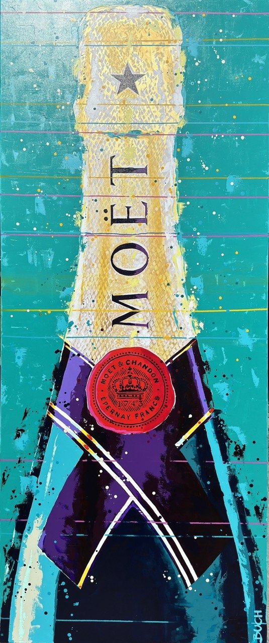 Moët 100 x 240 cm champange painting with golden paint. Luxury champange vertical painting