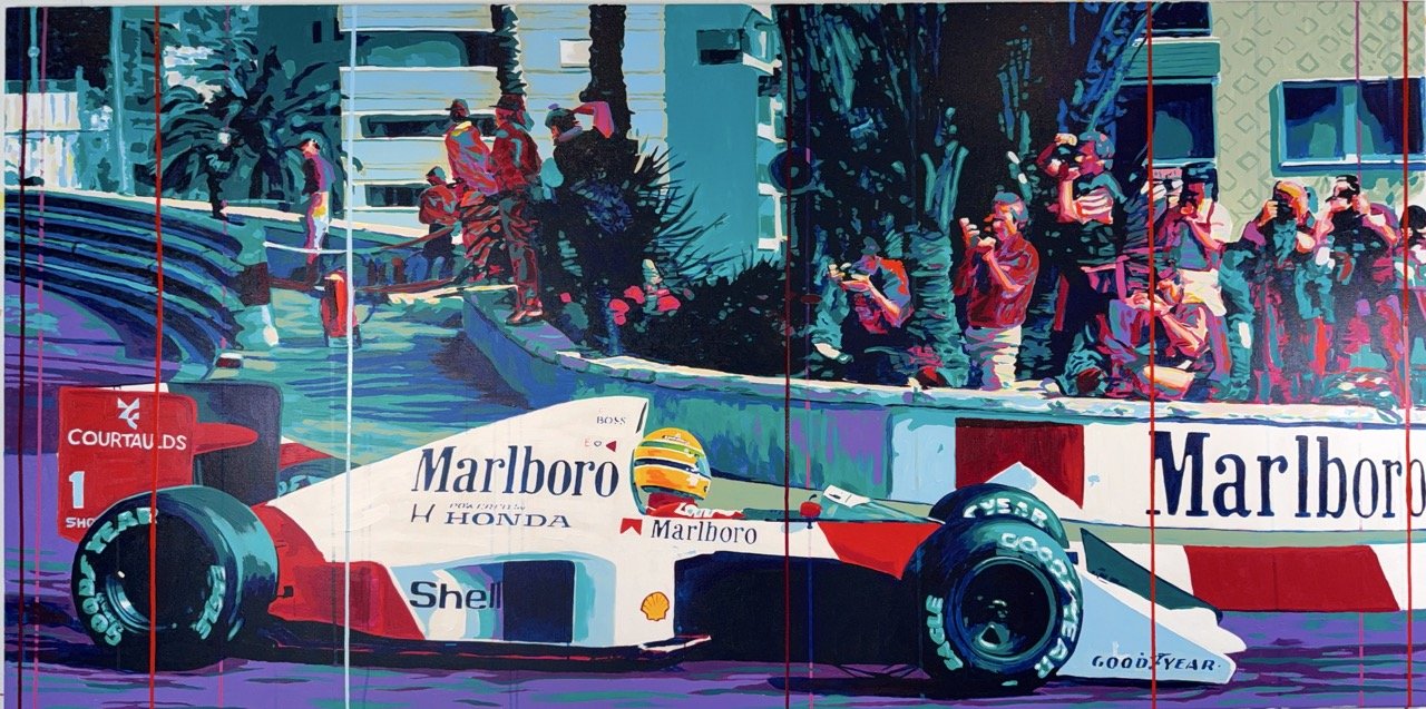 Senna - Monaco hairpin painting by Artist Allan Buch. McLaren formula 1 team, marlboro livery Ayrton Senna Brazil