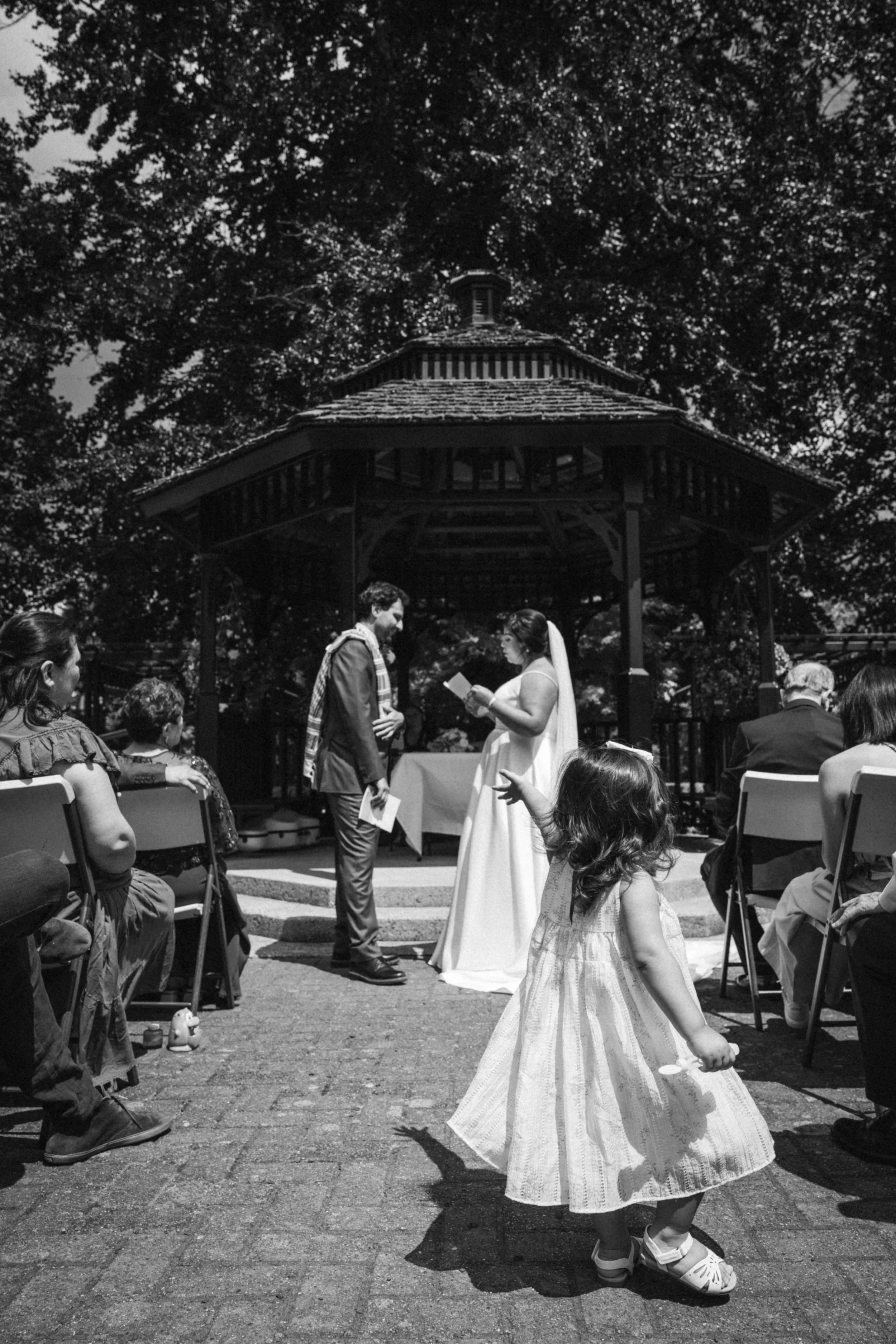 a black and white photo of a bride and groom at the rose garden in new Westminster in the background, while a little girl reaches towards them in the foreground 