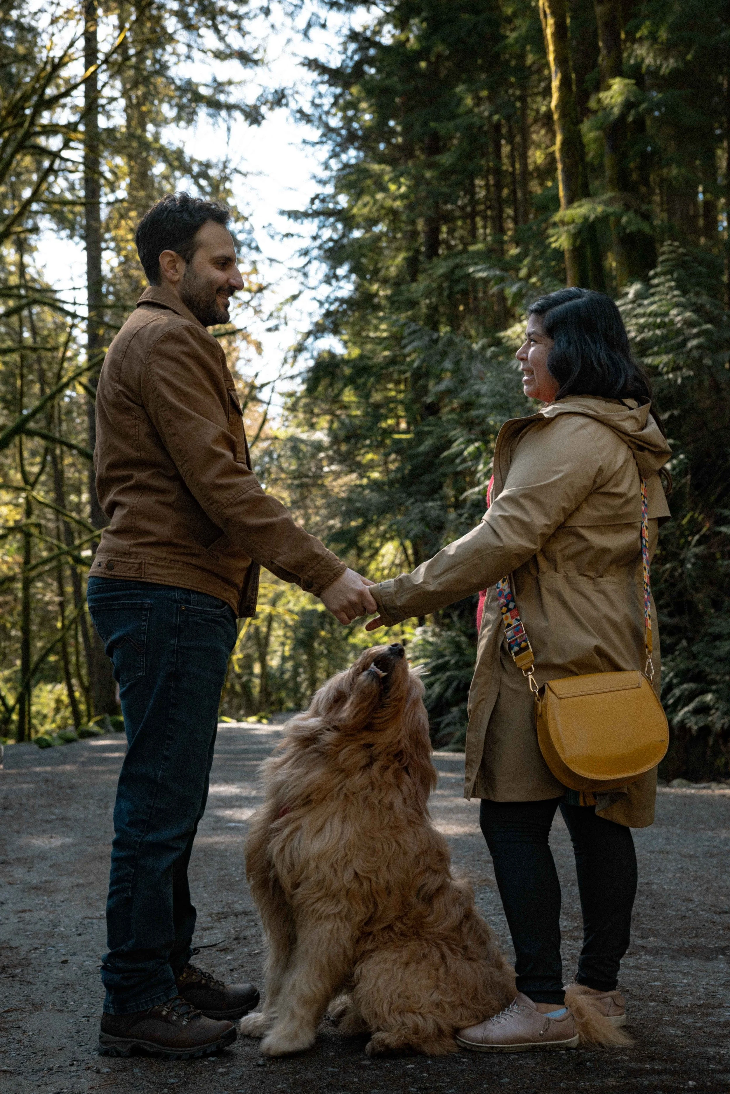 Couple holds hands in forest with their golden doodle dog between them.
