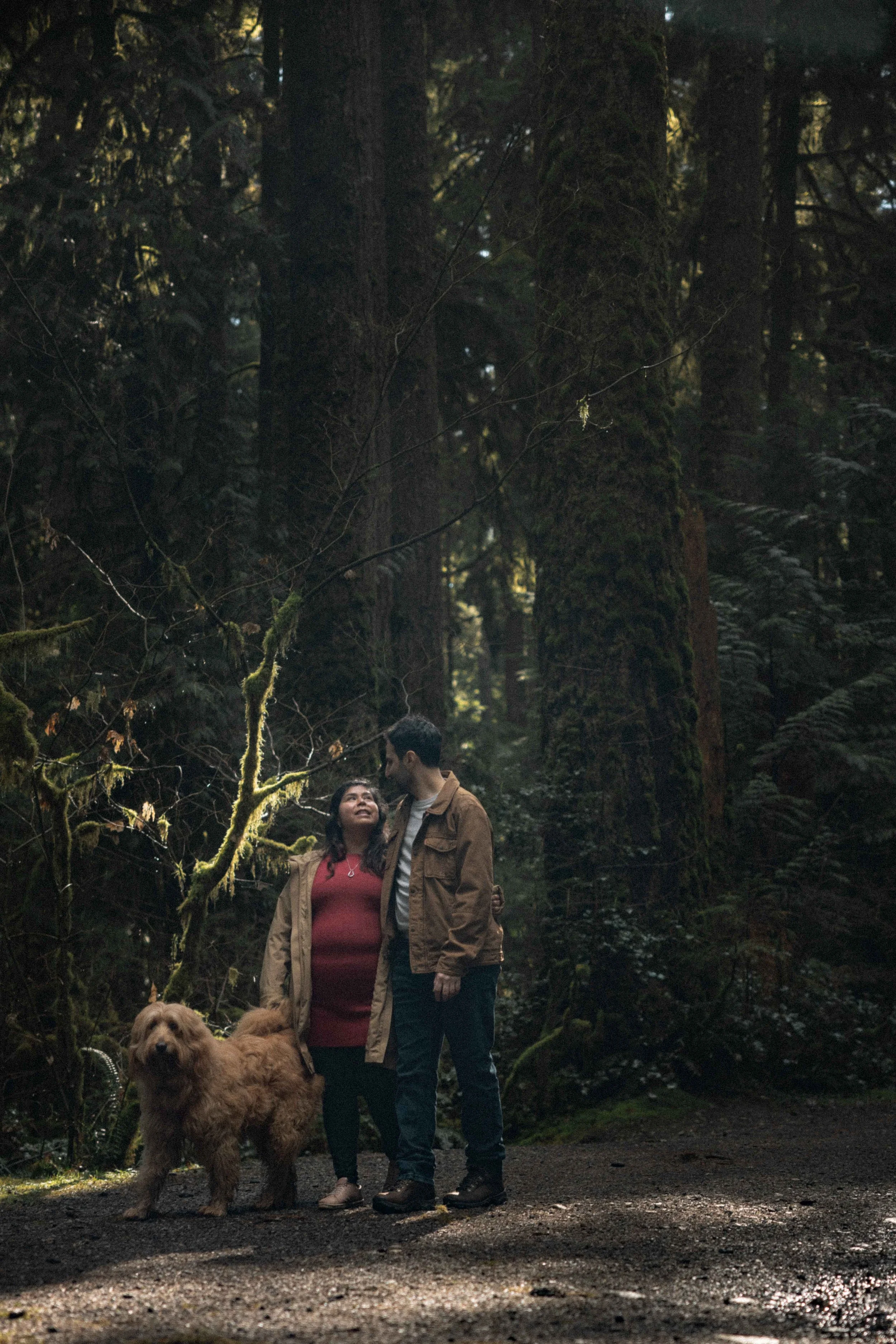 Woman in long trench coat and red sweater holds hand of her fiancé in the forest with their golden doodle dog