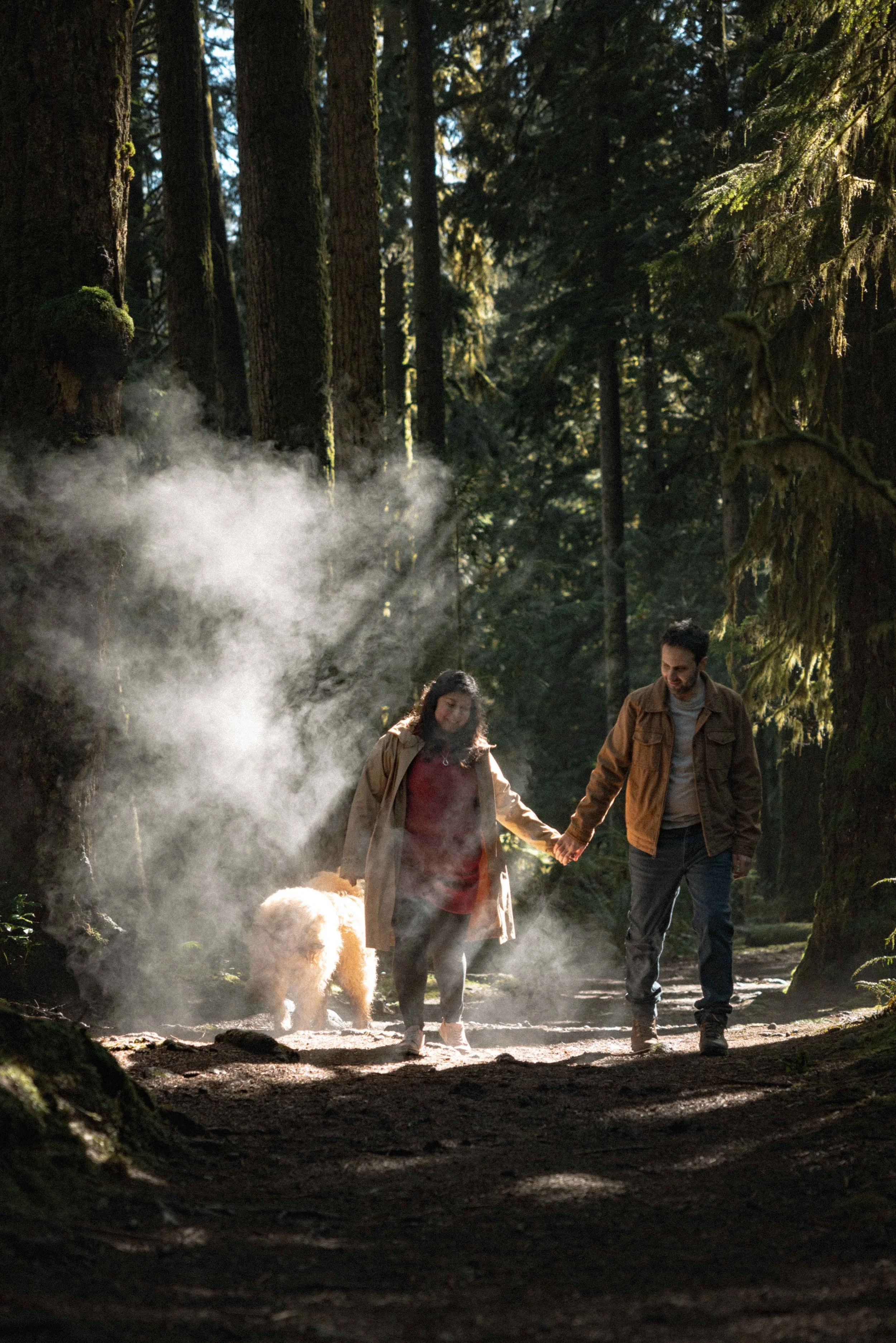 couple holds hands as they walk through a misty forest with their dog 
